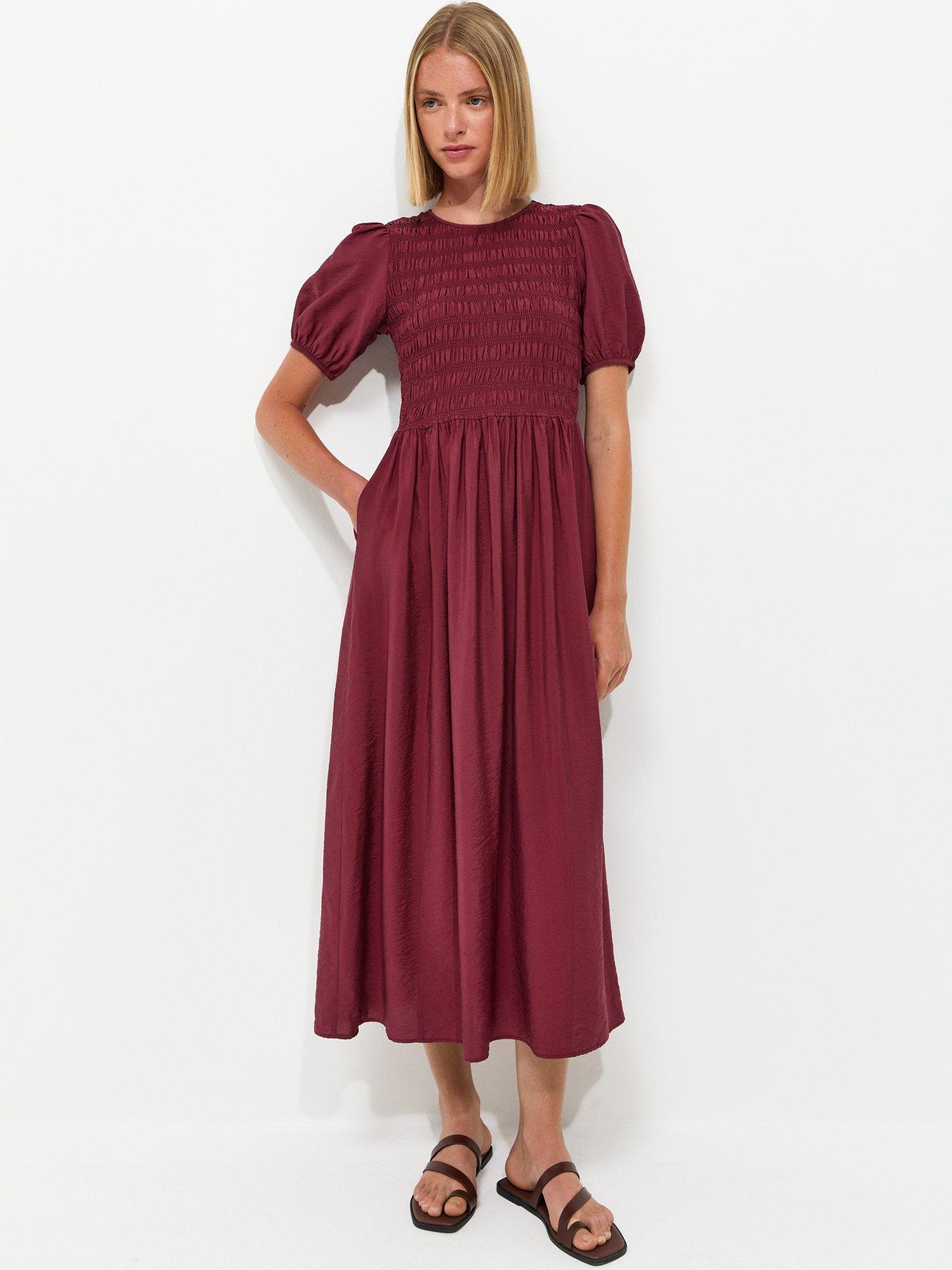 New Look Shirred Body Short Sleeve Midi Dress - Red