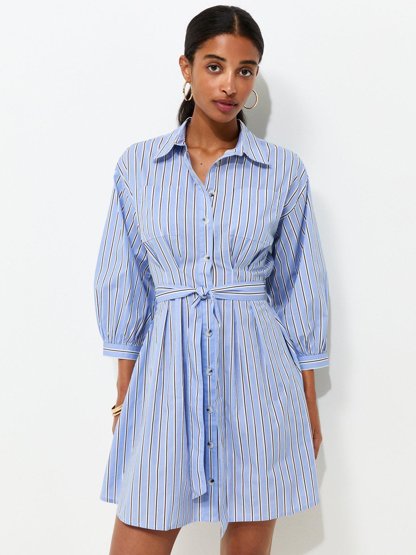 New Look Cotton Striped Puff Sleeve Mini Shirt Dress - Blue