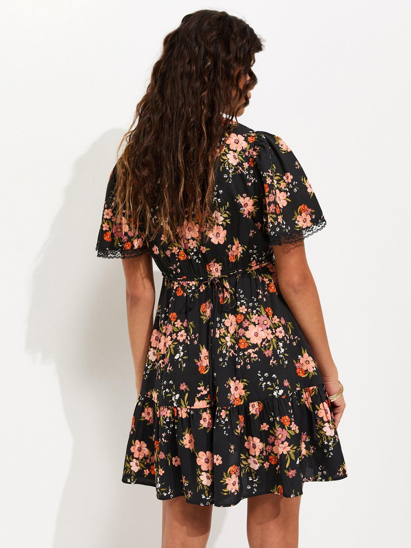 Image 2 of 5 of New Look Floral Lace Trim Mini Tea Dress - Black