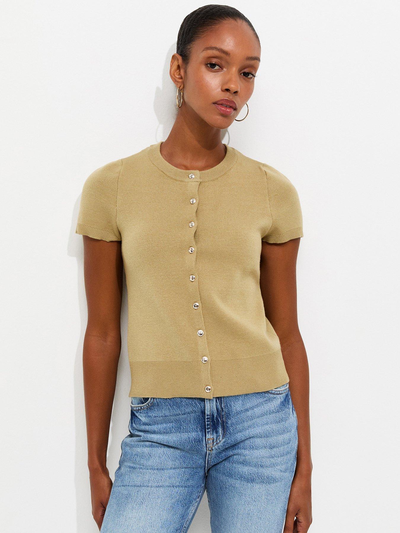 New Look Compact Knit Cap Sleeve Buttoned Top - Green