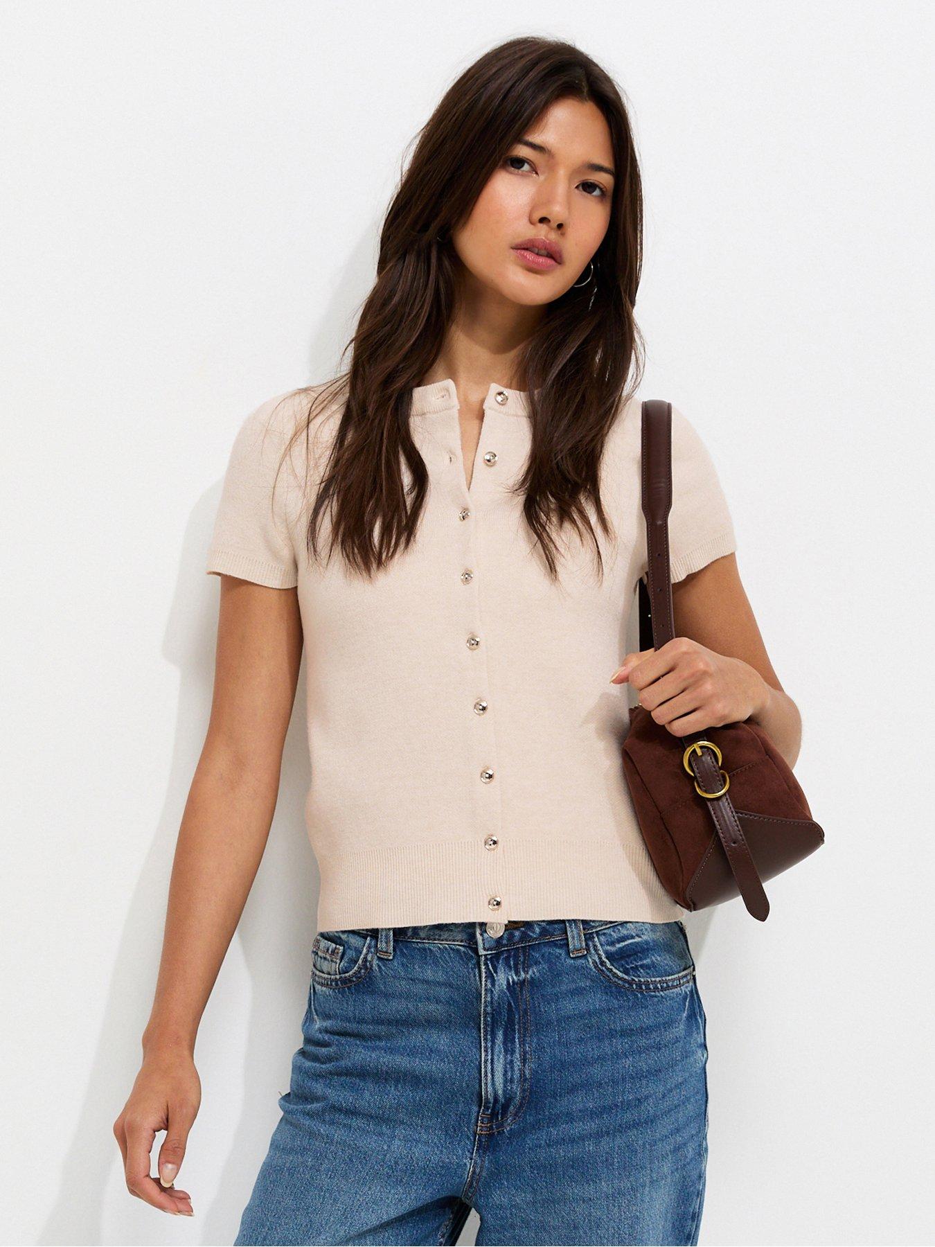 New Look Knit Short Sleeve Buttoned Top - Cream