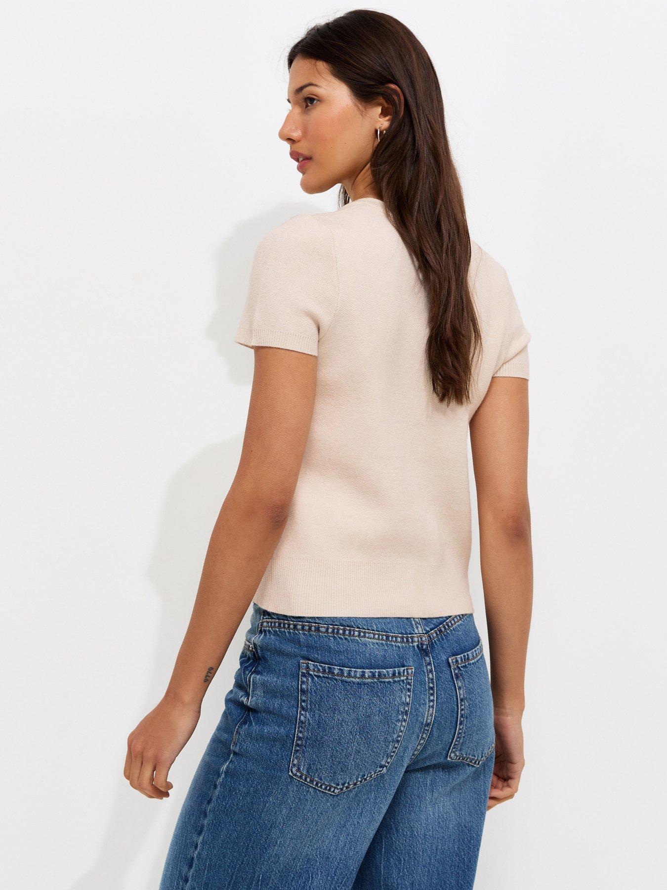 Image 2 of 5 of New Look Knit Short Sleeve Buttoned Top - Cream