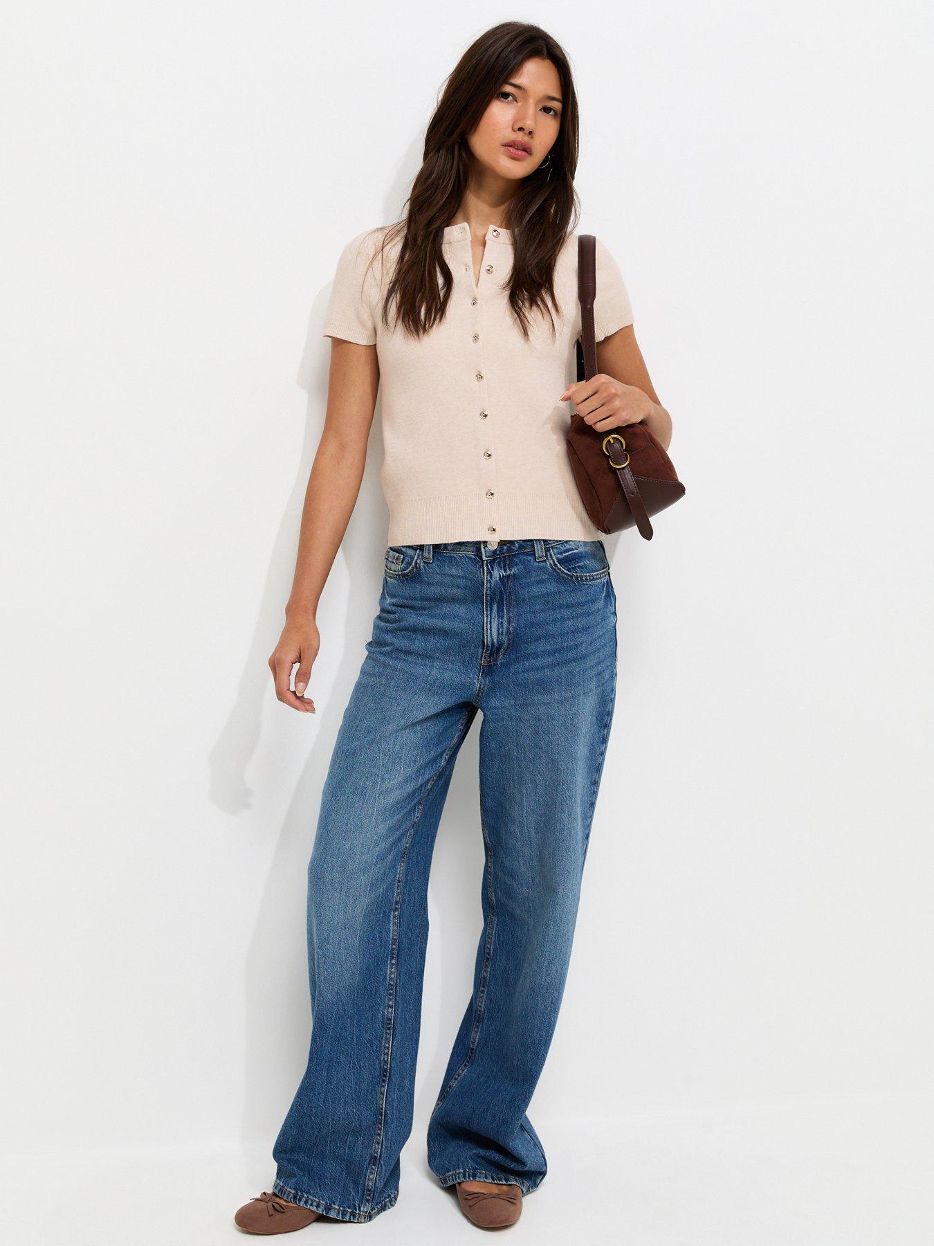 Image 3 of 5 of New Look Knit Short Sleeve Buttoned Top - Cream