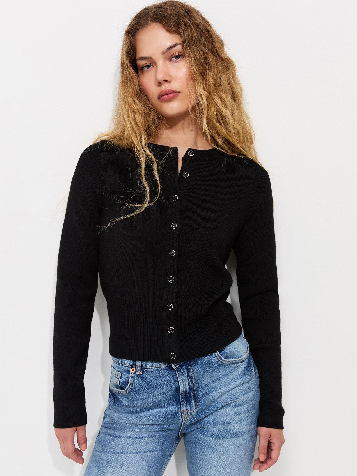 Image 1 of 5 of New Look Compact Knit Crew Neck Cardigan - Black