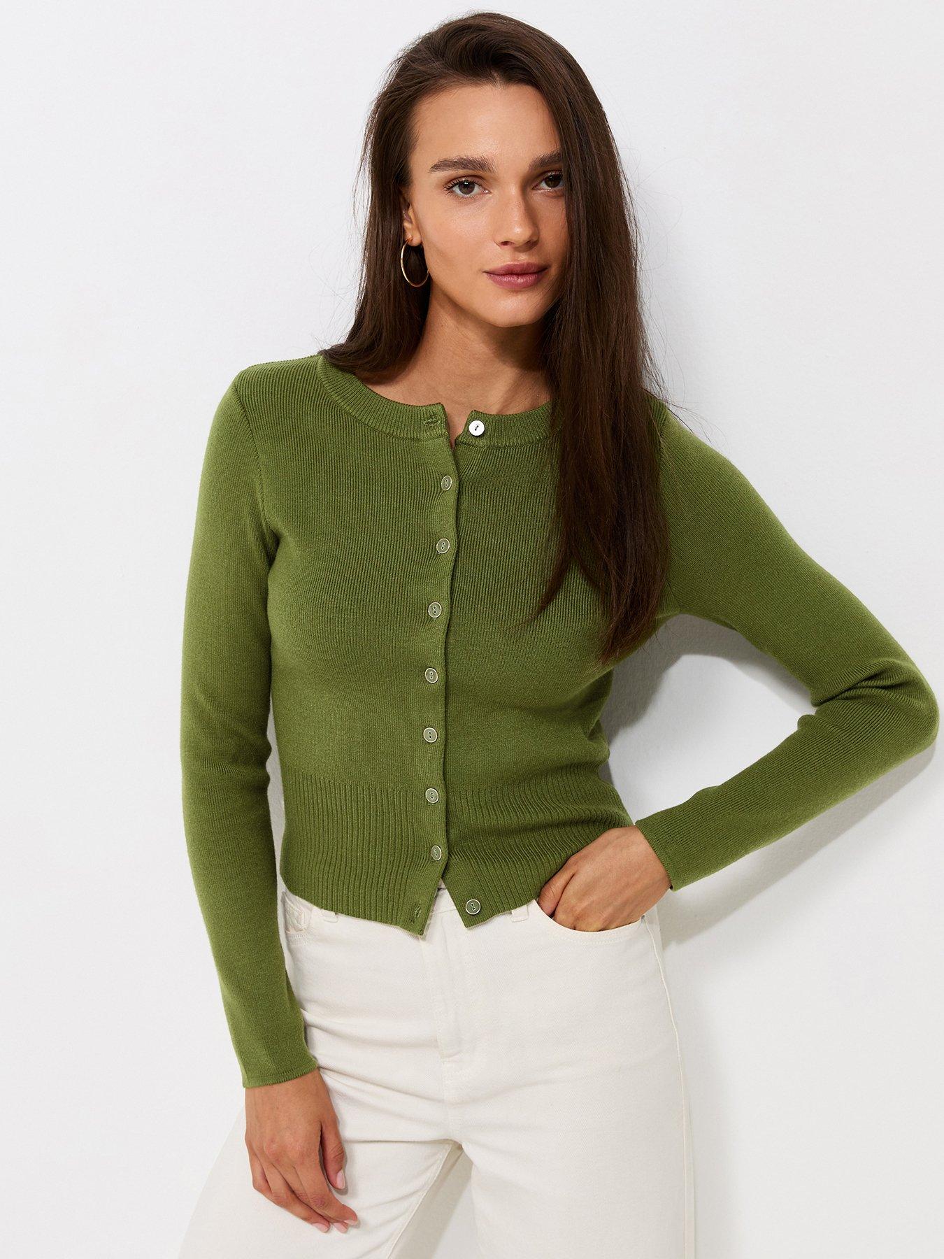 Image 1 of 5 of New Look Compact Knit Crew Neck Cardigan - Green