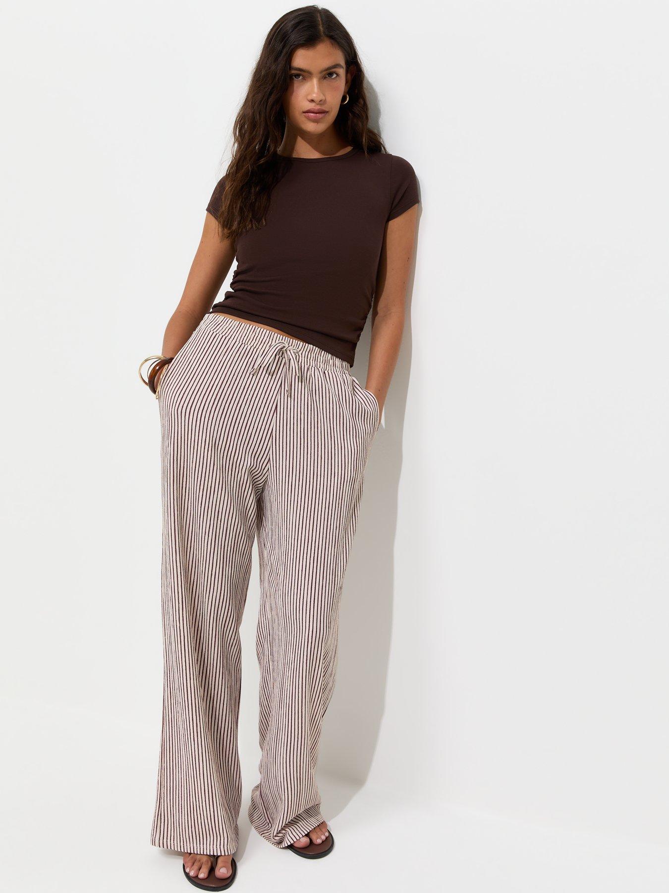 New Look Thin Stripe Crinkle Texture Wide Leg Trousers - Red