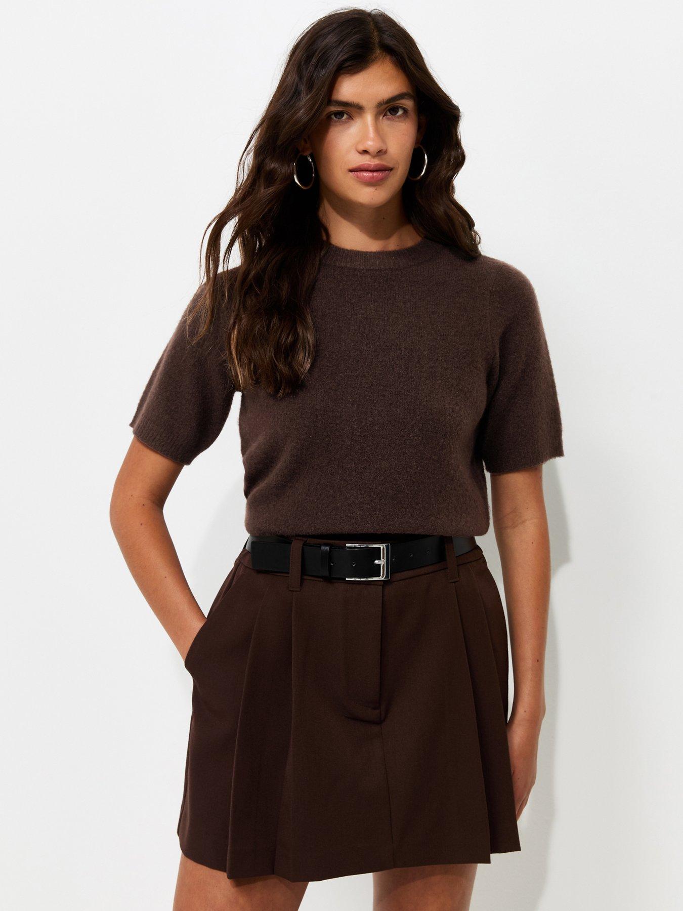 New Look Dark Brown Belted Tailored Pleated Mini Skirt