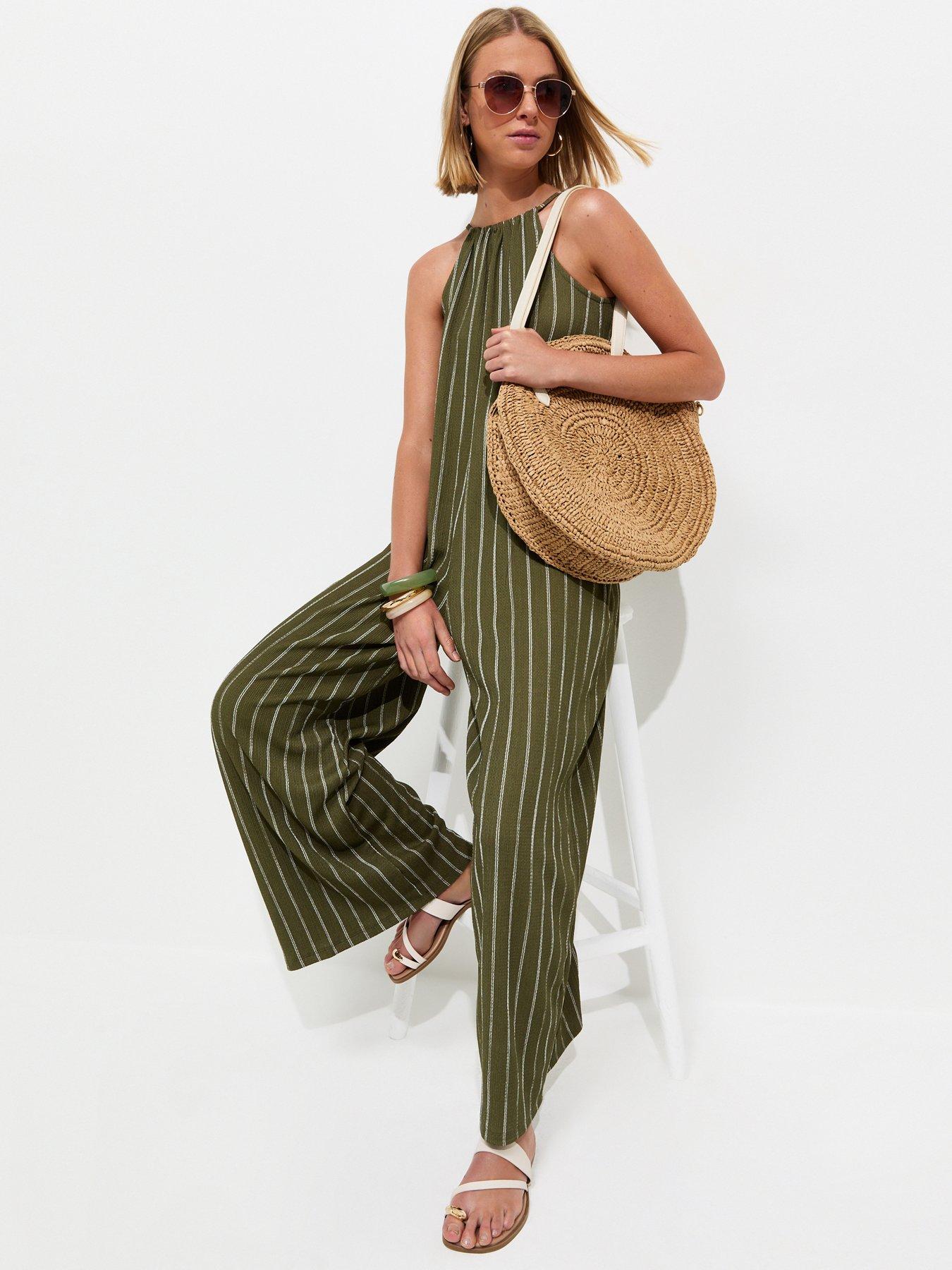 New Look Crinkle Texture Striped Halter Neck Jumpsuit - Green