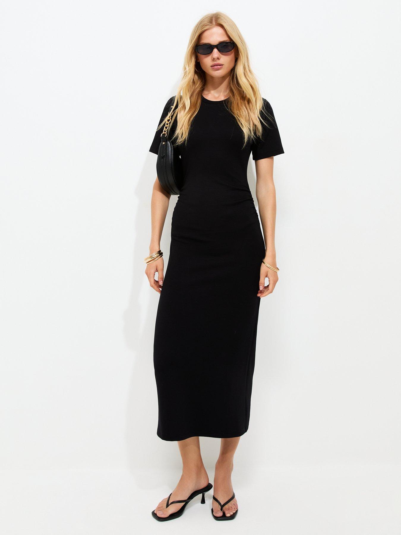 New Look Ruched Side Short Sleeve Midi Dress - Black