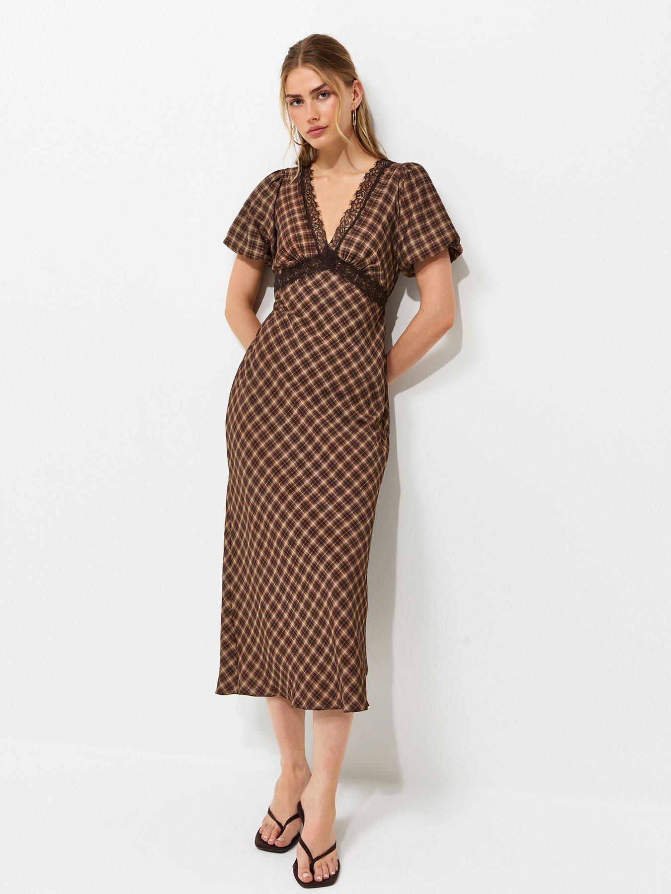 New Look Check Lace Trim Puff Sleeve Midi Dress - Brown