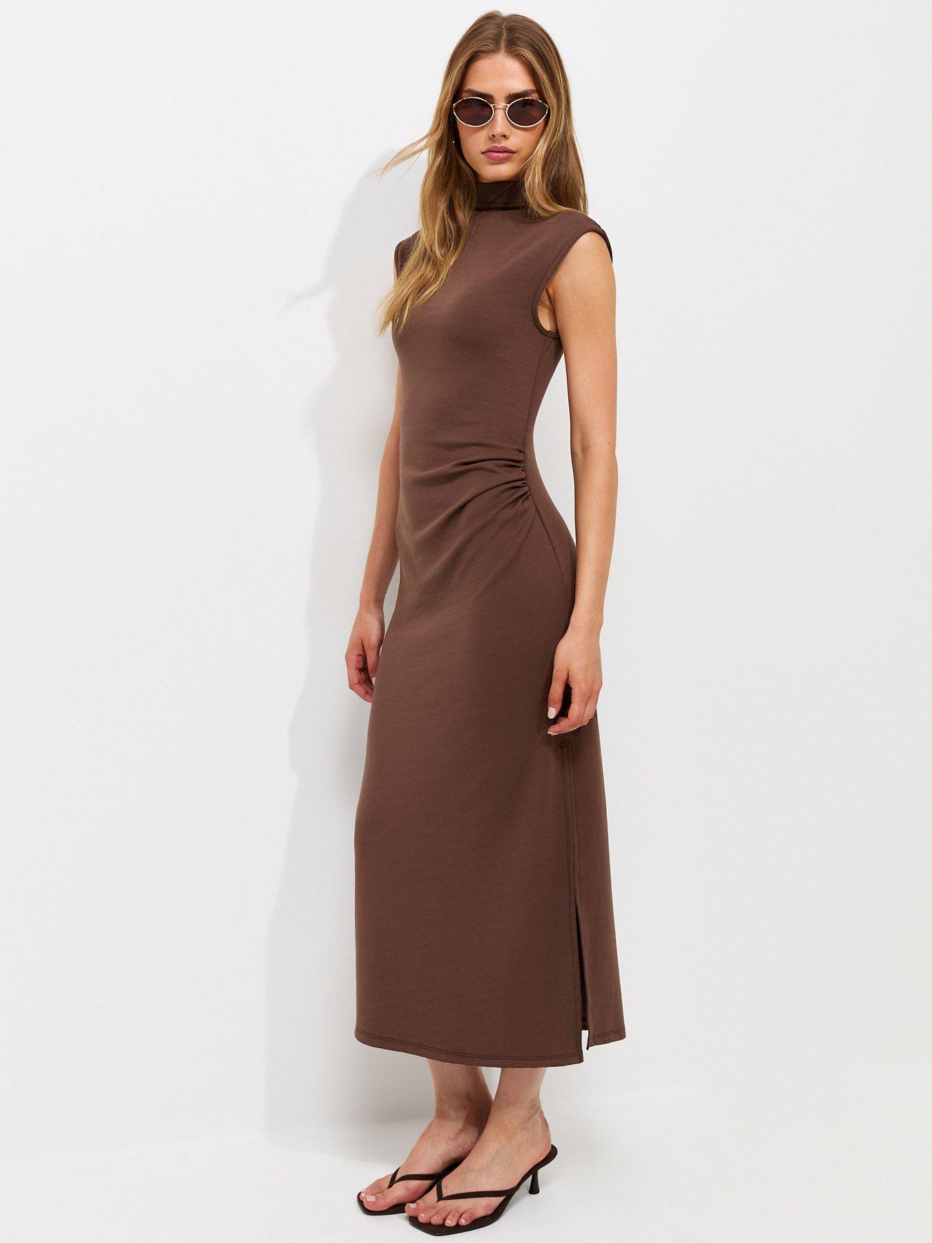 New Look High Neck Ruched Sleeveless Midi Dress - Brown