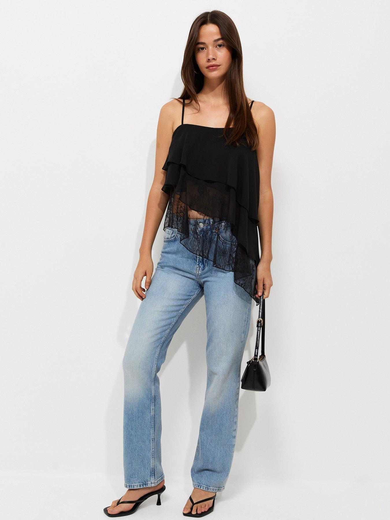 New Look Lace Asymmetric Tiered Cami Top - Black