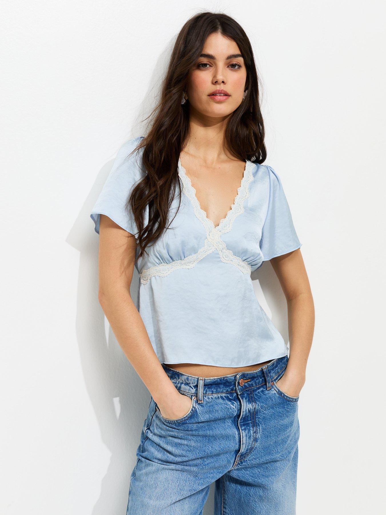 New Look Lace Trim Flutter Sleeve Satin Tea Top - Light Blue