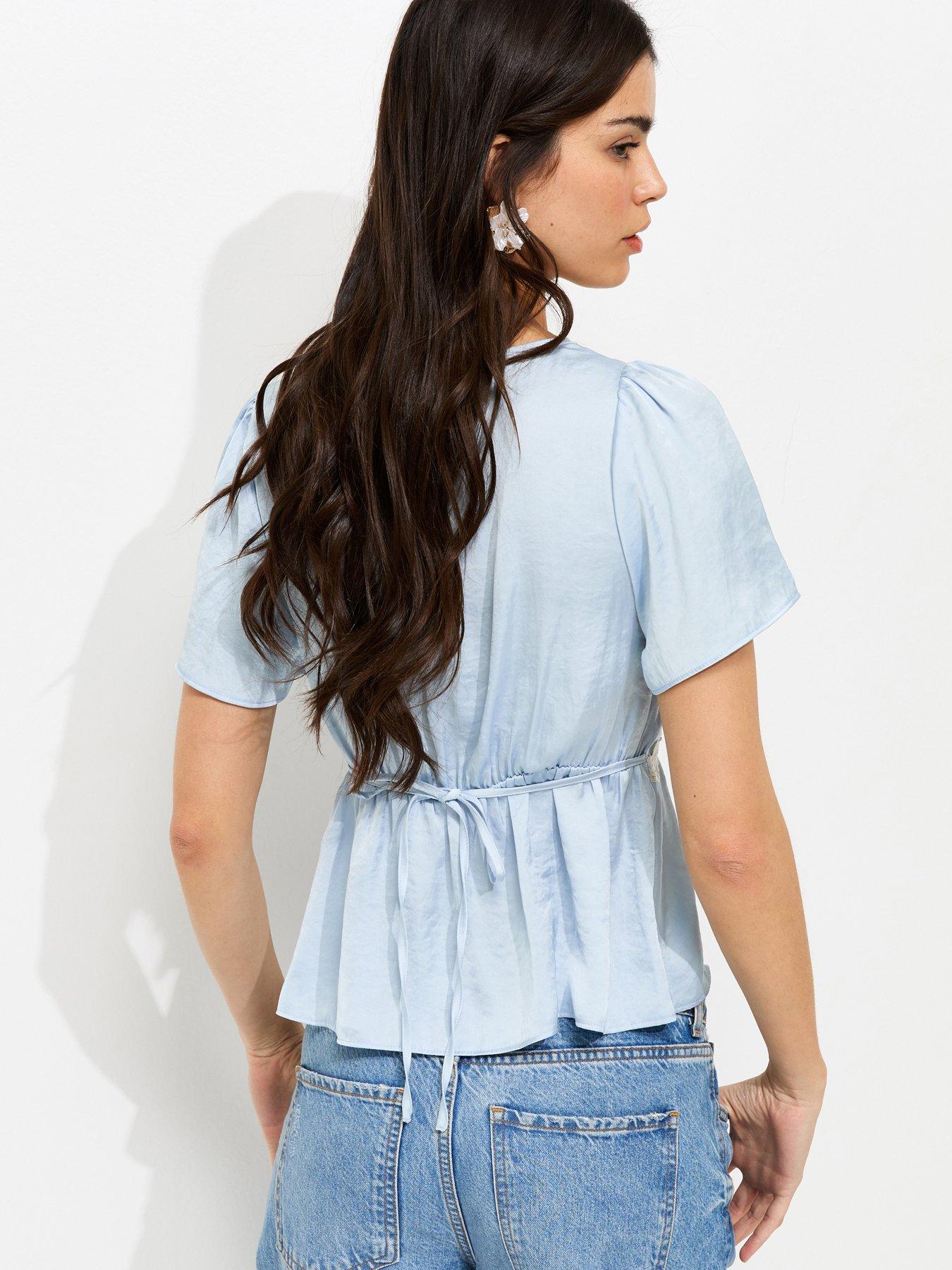 Image 2 of 5 of New Look Lace Trim Flutter Sleeve Satin Tea Top - Light Blue