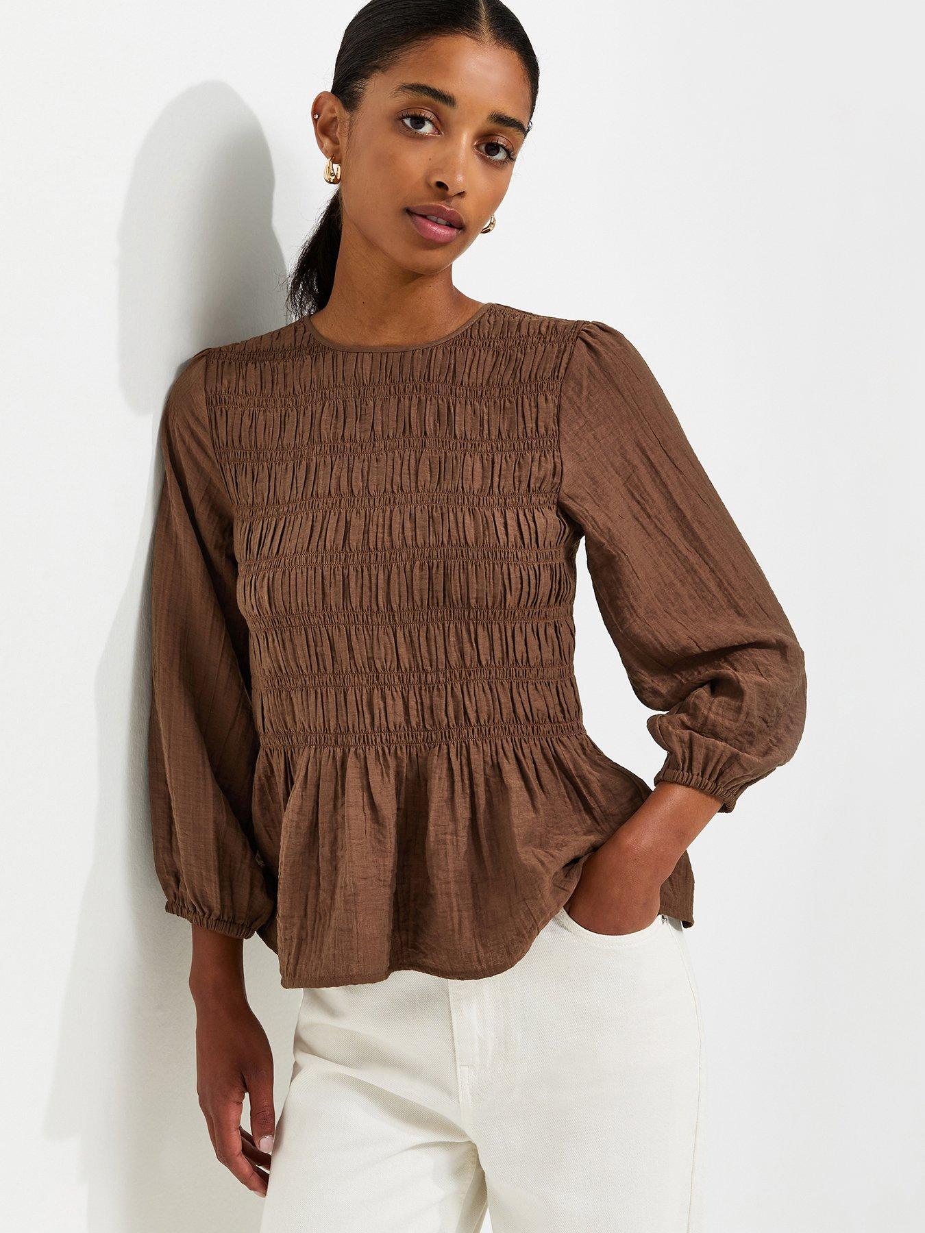 New Look Shirred Long Sleeve Blouse - Brown
