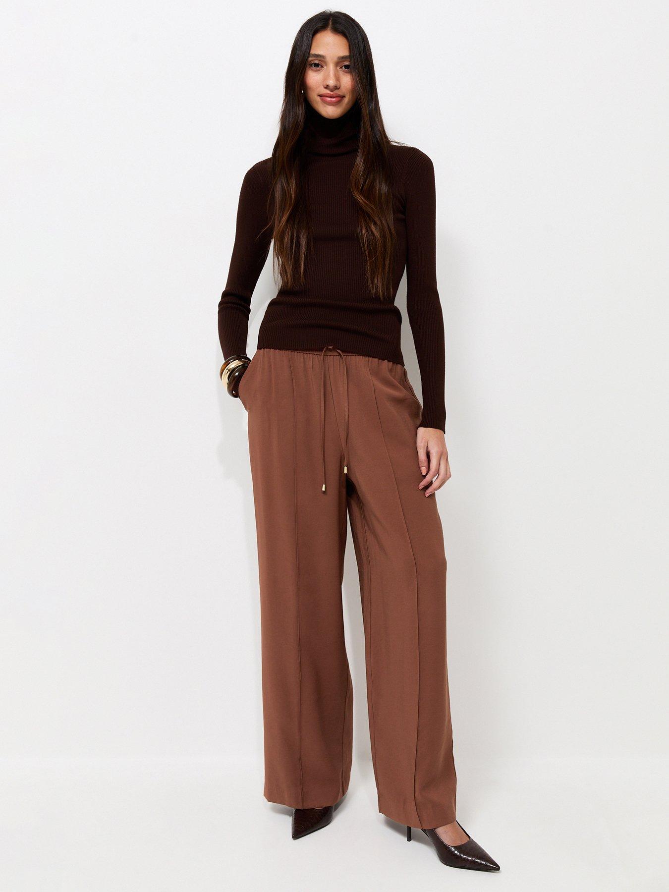 New Look Drawstring Front Crease Wide Leg Trousers - Brown