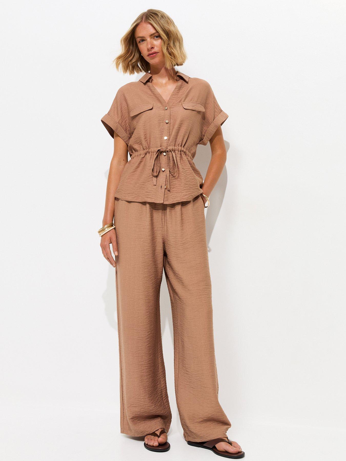 New Look Mink Crinkle Texture Wide Leg Co-ord Trousers - Brown