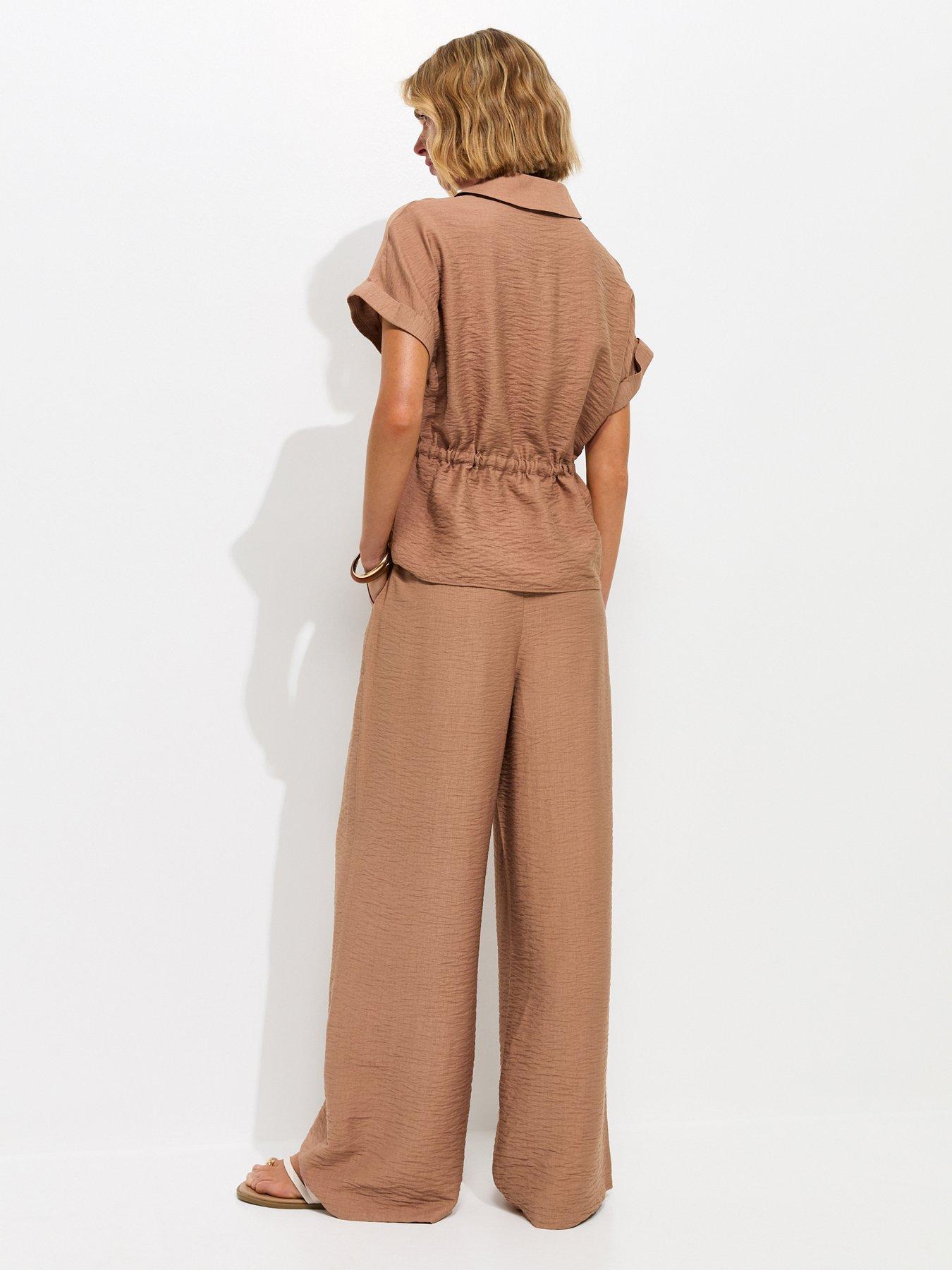 Image 2 of 5 of New Look Mink Crinkle Texture Wide Leg Co-ord Trousers - Brown