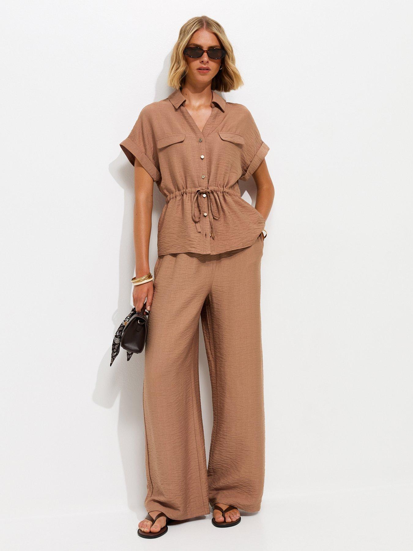 Image 3 of 5 of New Look Mink Crinkle Texture Wide Leg Co-ord Trousers - Brown