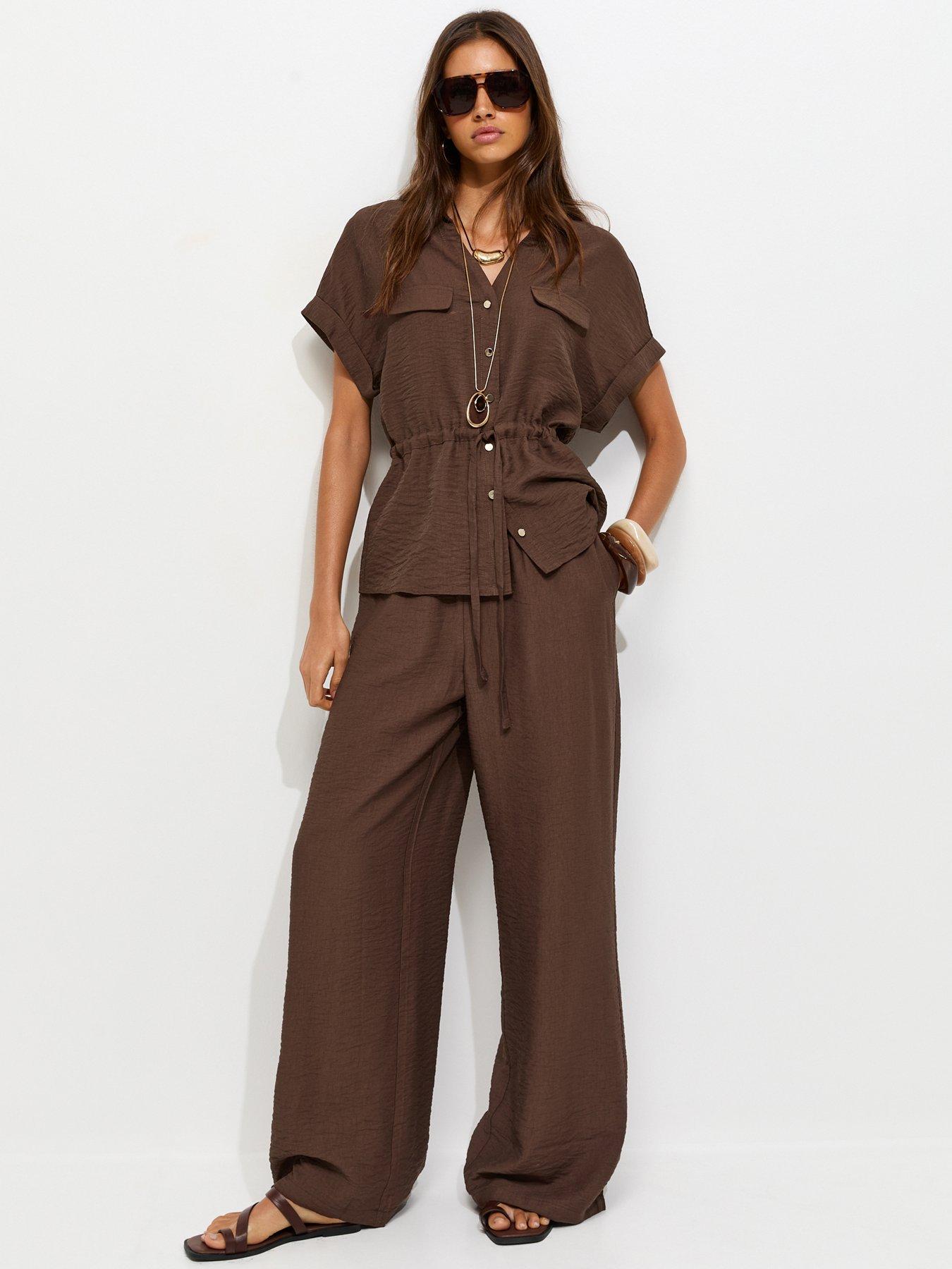New Look Crinkle Texture Wide Leg Trousers - Brown