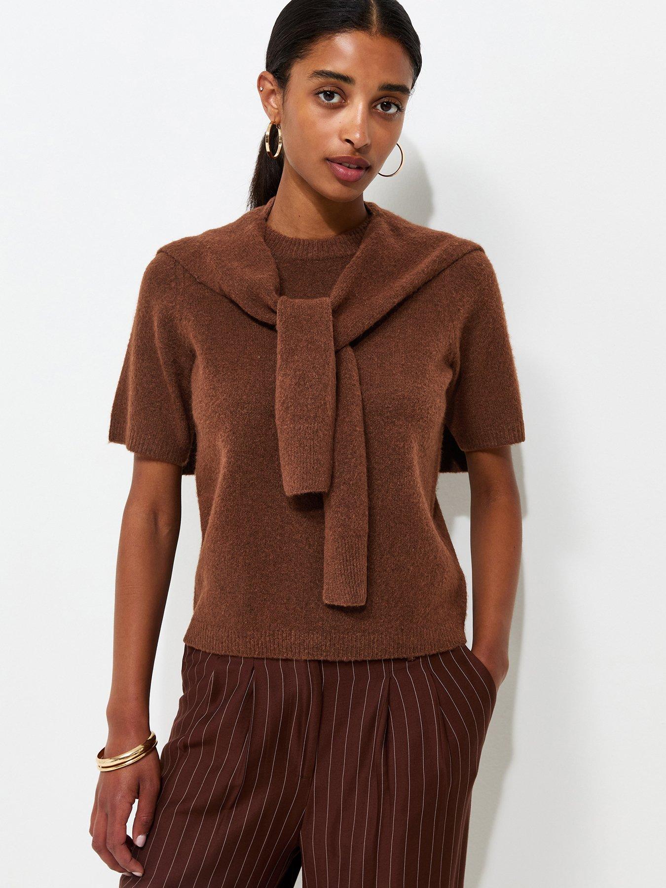 New Look Brushed Knit Scarf Detail Short Sleeve Top - Brown