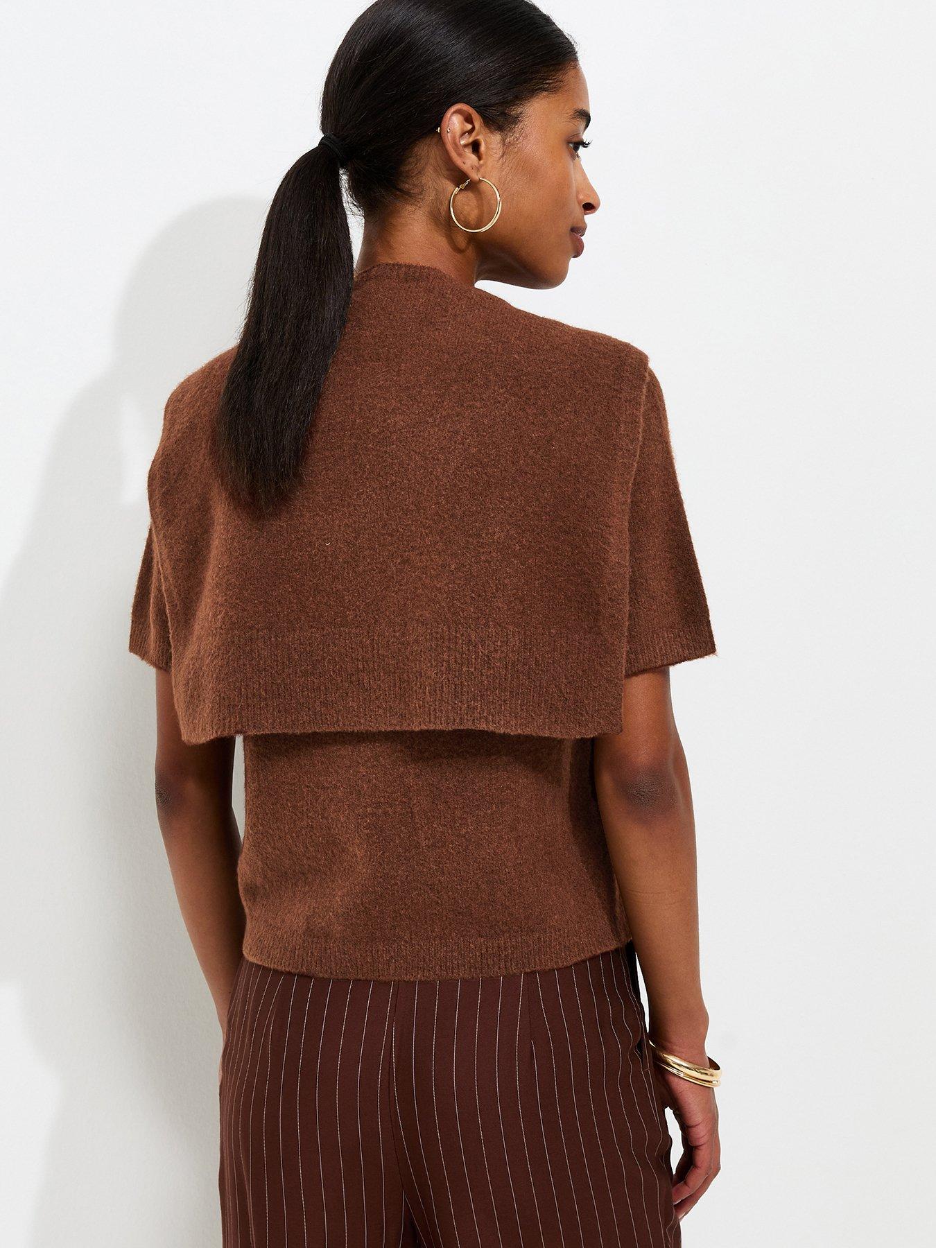 Image 2 of 6 of New Look Brushed Knit Scarf Detail Short Sleeve Top - Brown