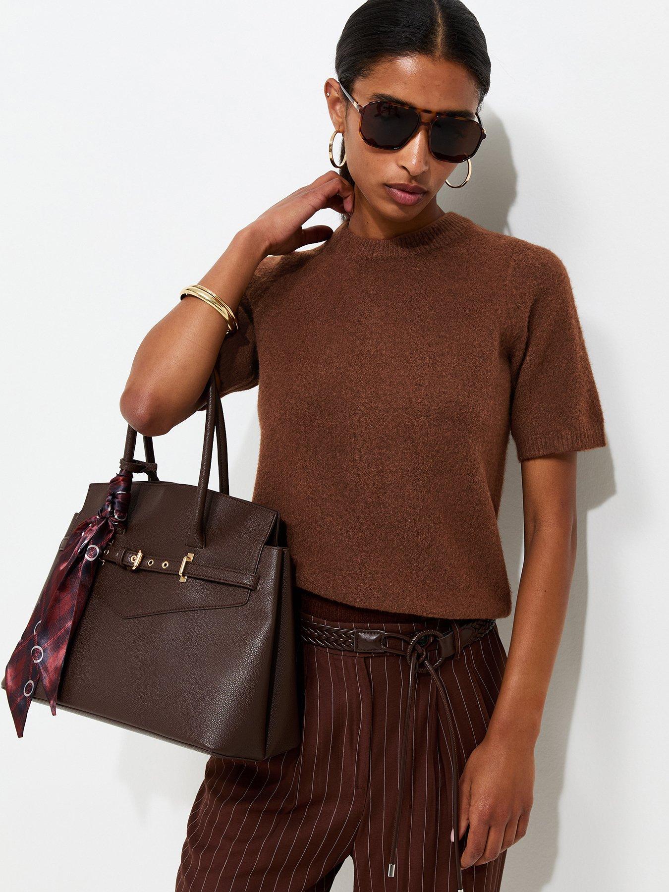 Image 4 of 6 of New Look Brushed Knit Scarf Detail Short Sleeve Top - Brown