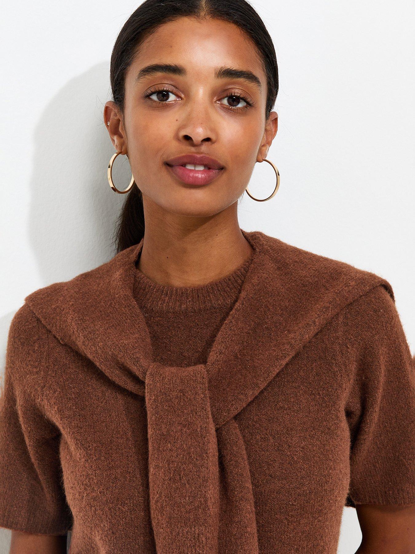 Image 5 of 6 of New Look Brushed Knit Scarf Detail Short Sleeve Top - Brown