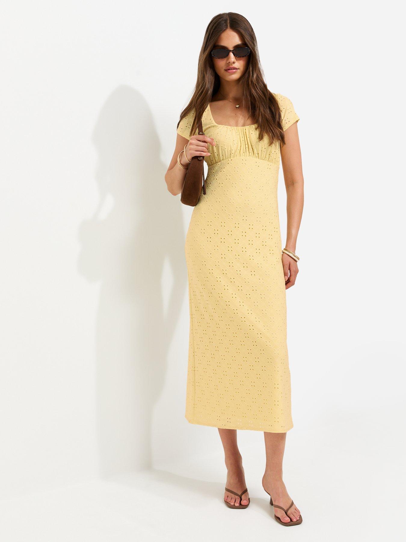 New Look Broderie Anglaise Jersey Milkmaid Midi Dress - Yellow