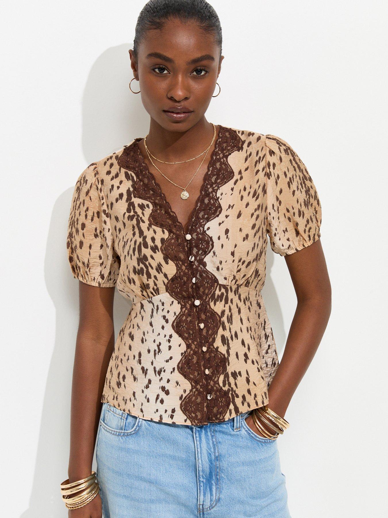 New Look Crinkle Texture Animal Print Lace Trim Tea Blouse - Brown