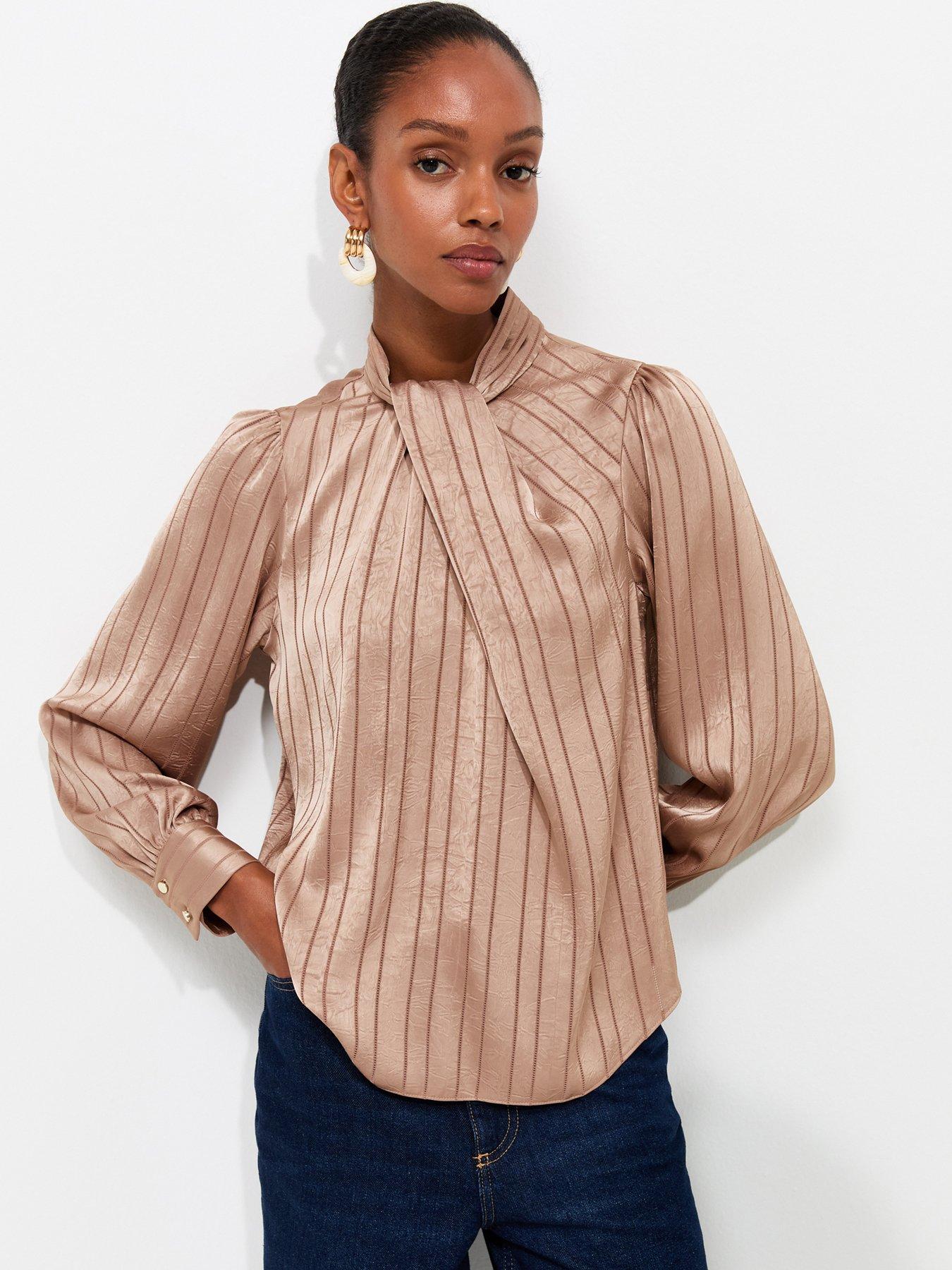 New Look Satin Twist Neck Striped Blouse - Brown