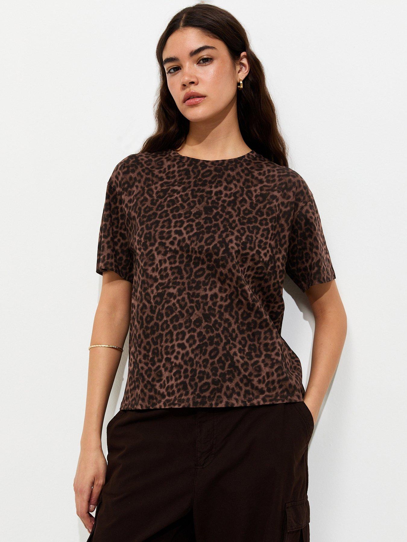 New Look Cotton Leopard Print Easy T-Shirt - Brown