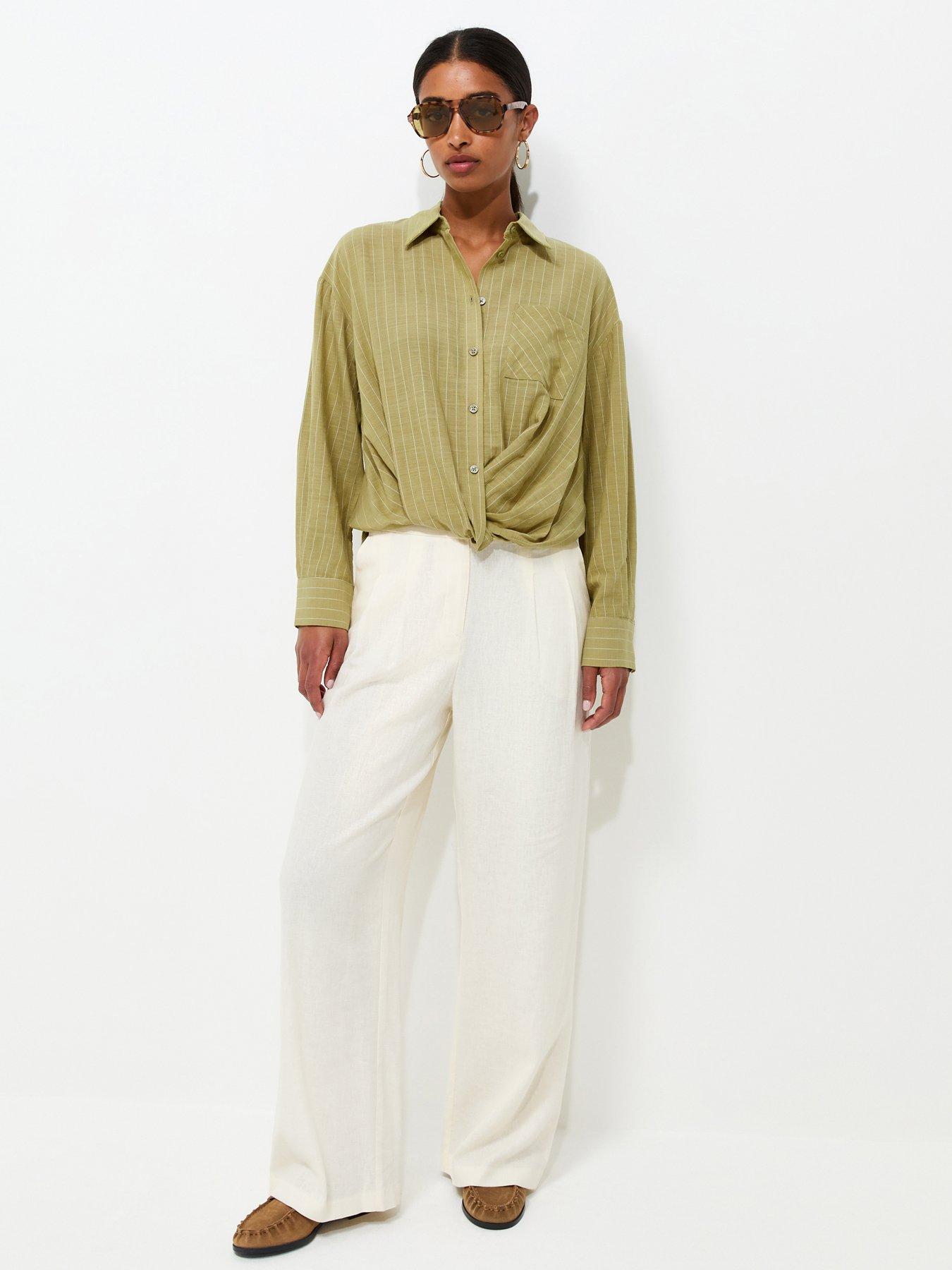 New Look Cotton Rich Striped Twist Front Long Sleeve Shirt - Green