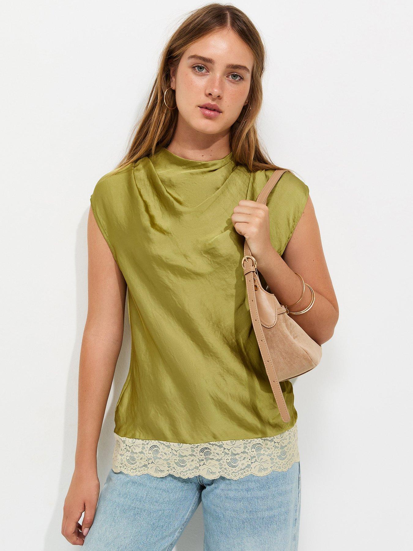 New Look Cowl Neck Lace Hem Satin Blouse - Green