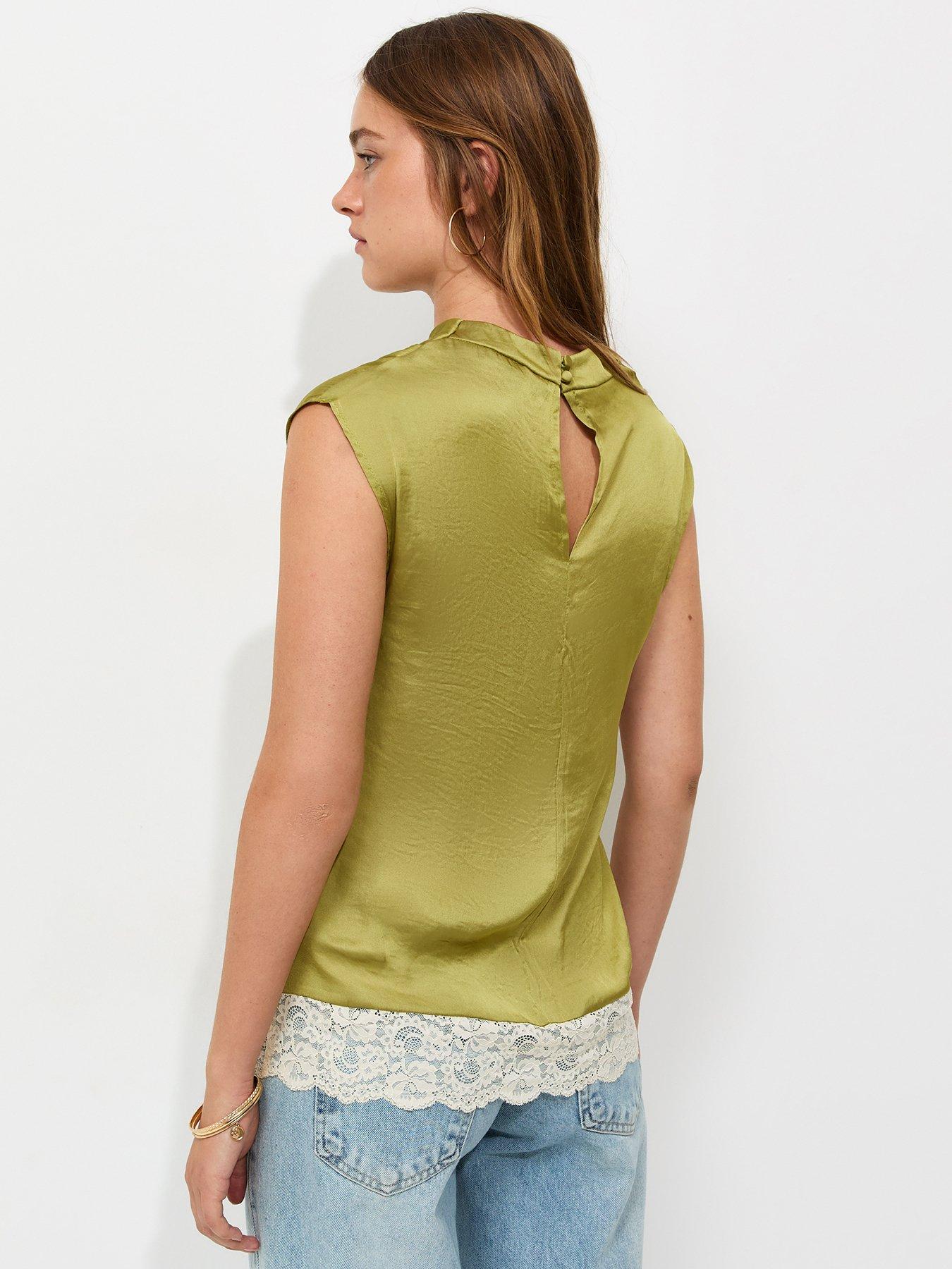 Image 2 of 5 of New Look Cowl Neck Lace Hem Satin Blouse - Green