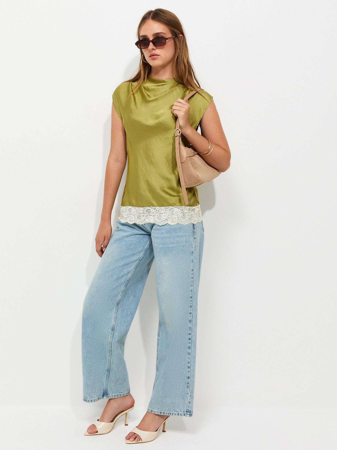 Image 3 of 5 of New Look Cowl Neck Lace Hem Satin Blouse - Green