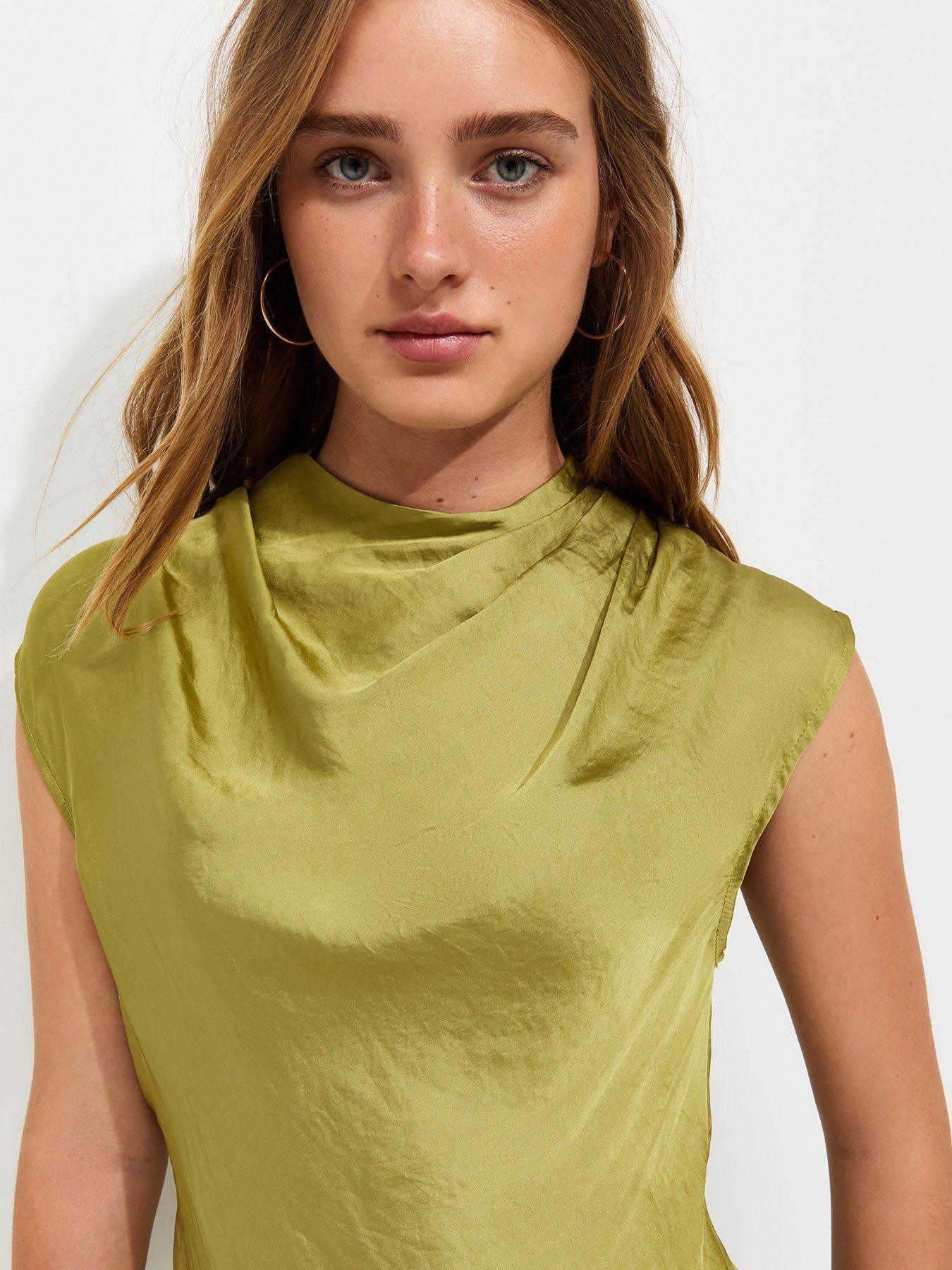 Image 4 of 5 of New Look Cowl Neck Lace Hem Satin Blouse - Green
