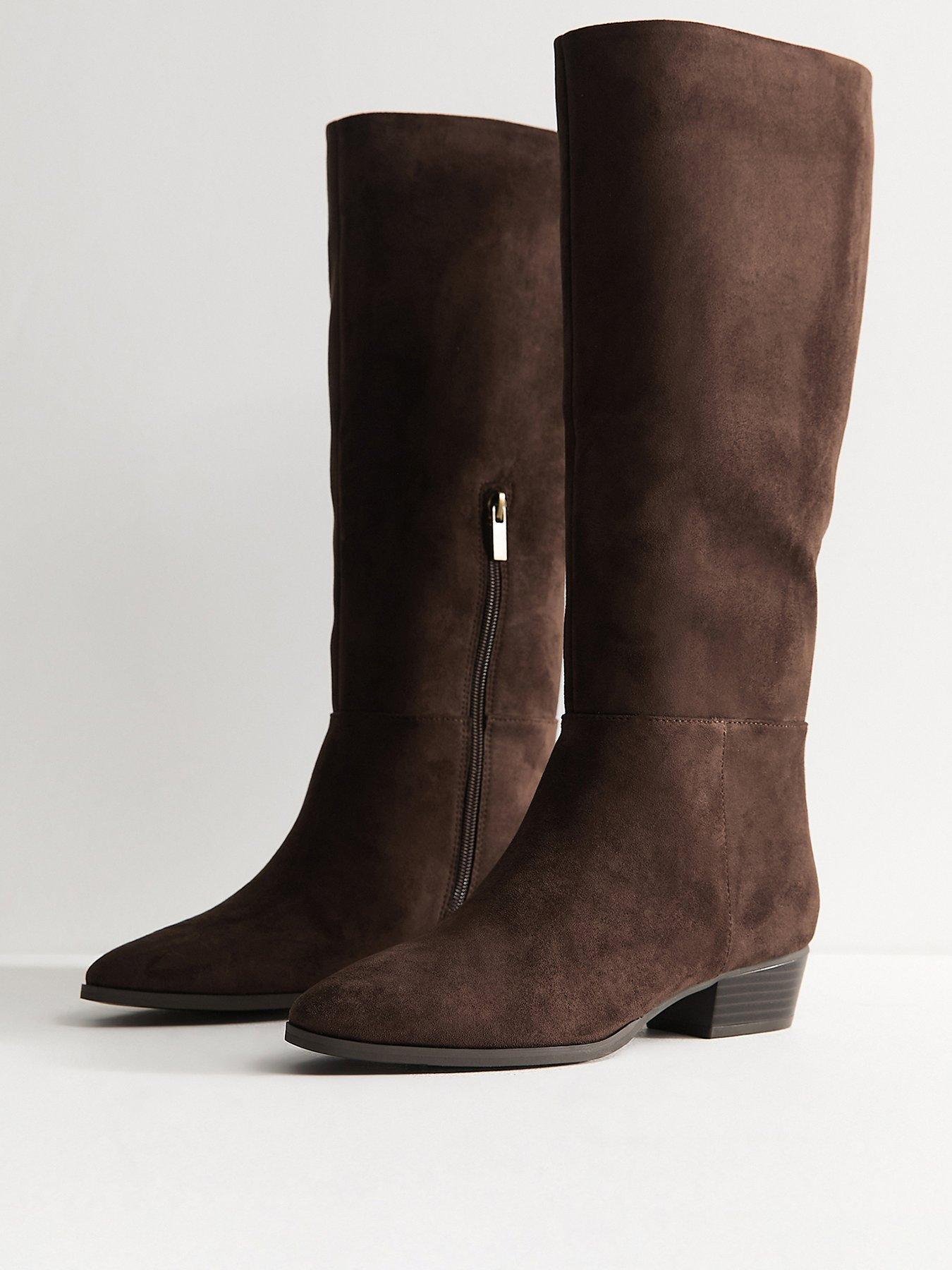 Image 3 of 5 of New Look Faux Suede Almond Toe Tall Boots - Brown