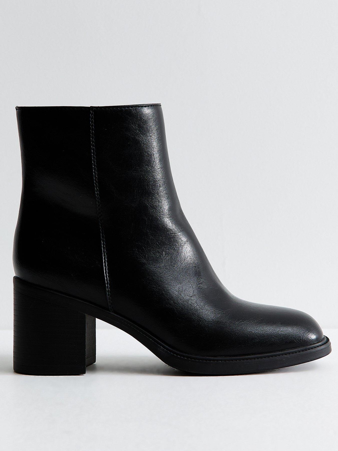 New Look Black Faux Leather Block Heel Square Toe Ankle Boots