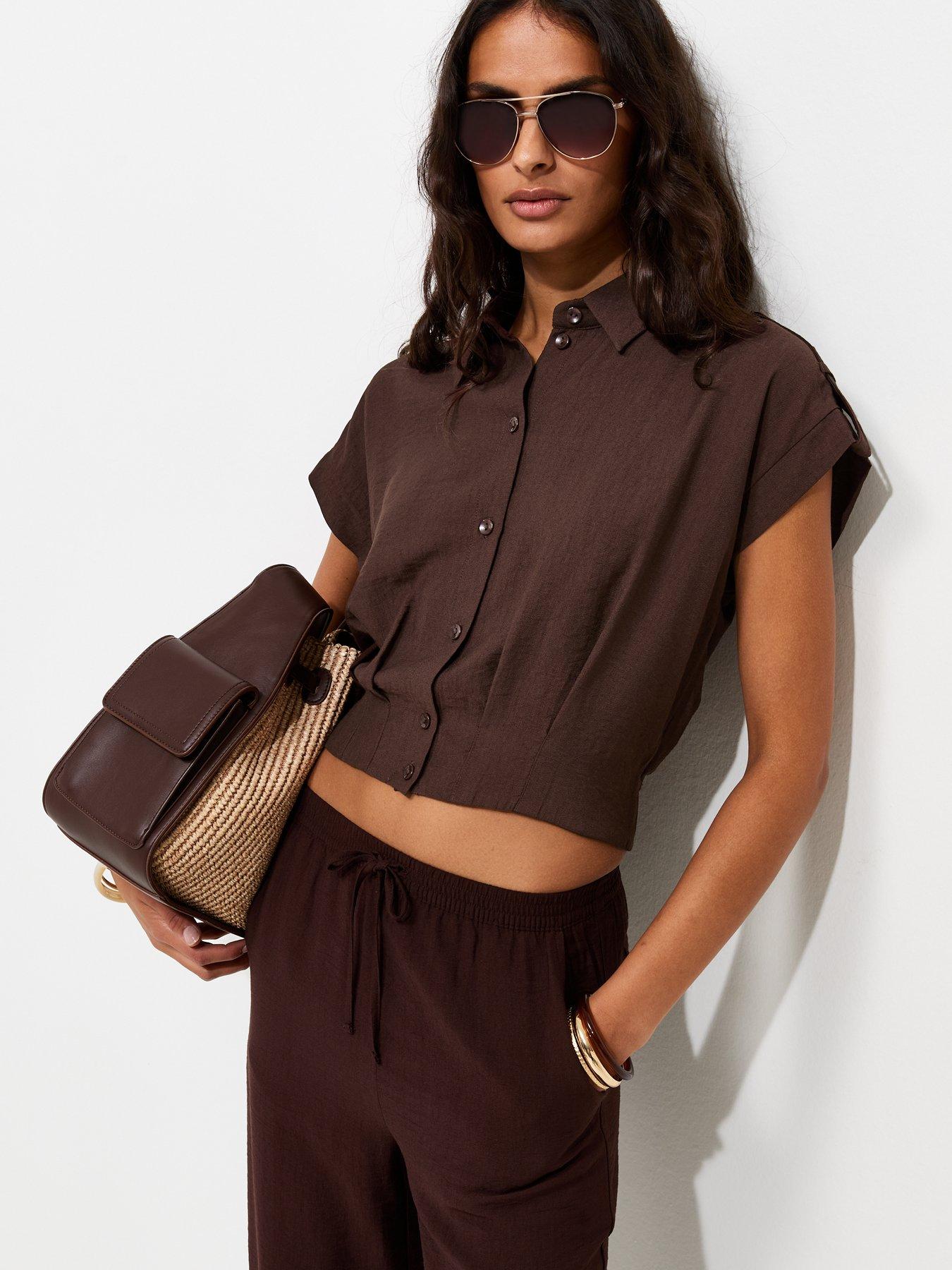 New Look Pleated Short Sleeve Co-ord Shirt - Brown