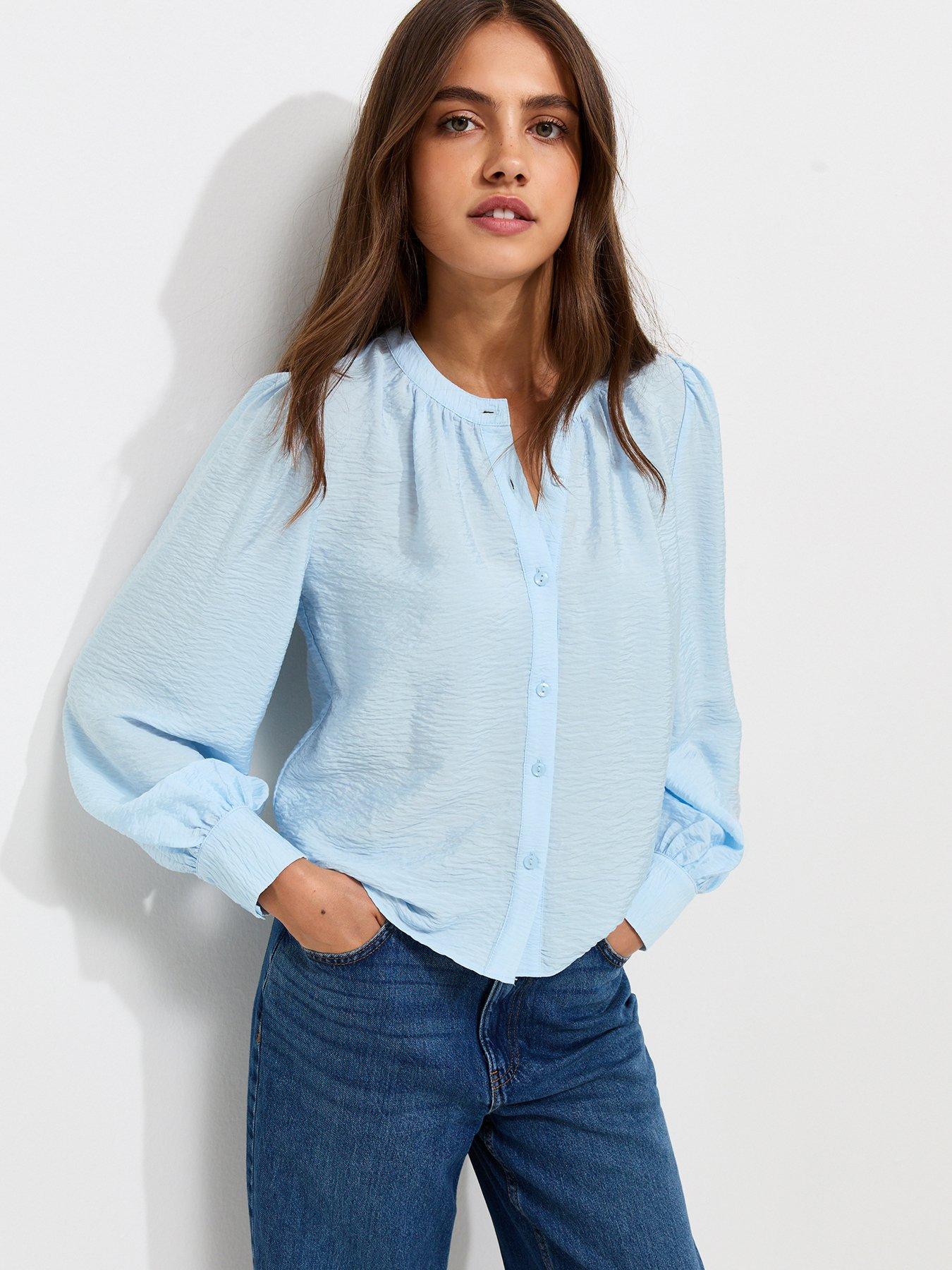 New Look Crinkle Texture Grandad Collar Shirt - Light Blue