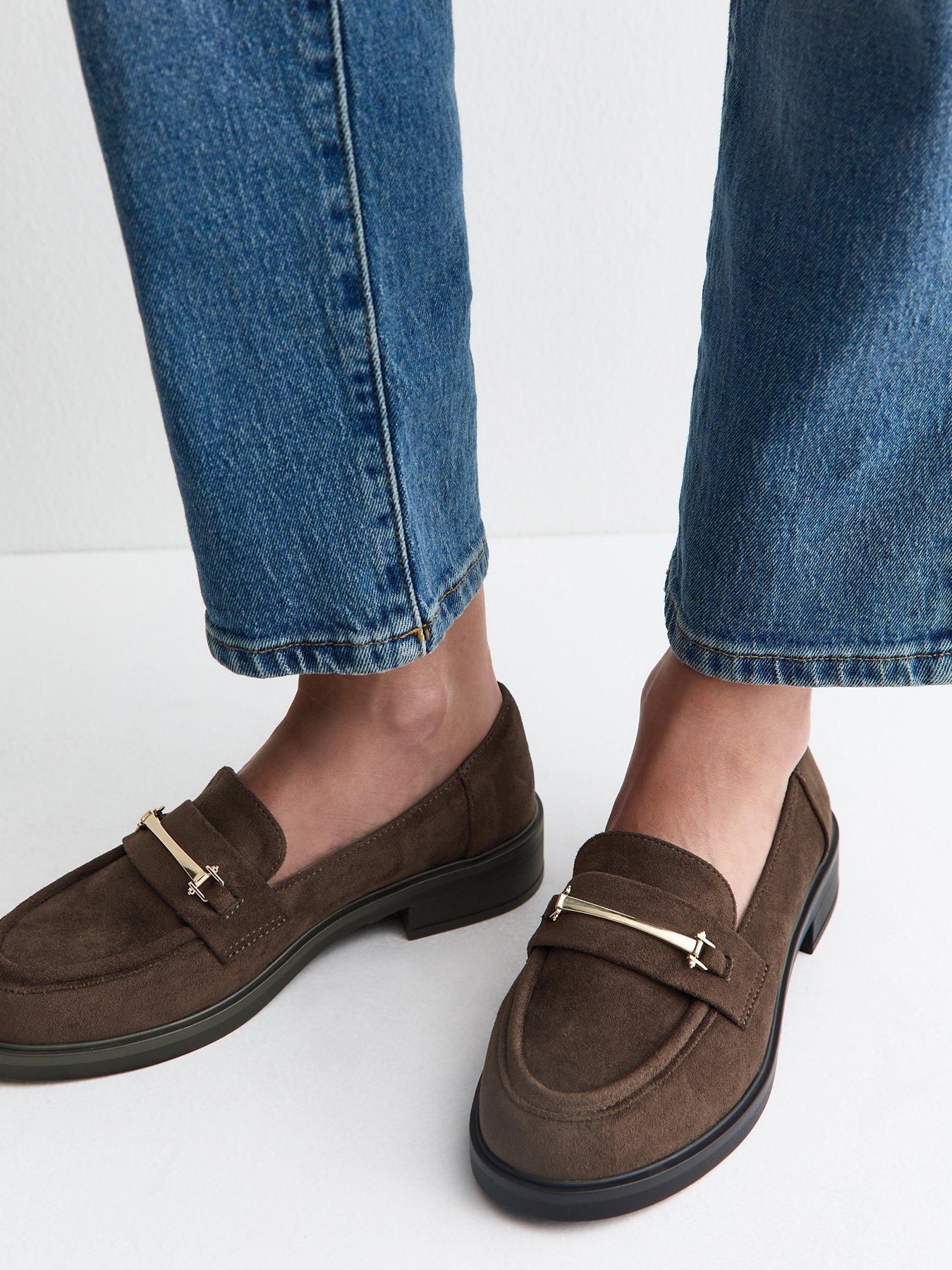 Image 1 of 5 of New Look Wide Fit Faux Suede Metallic Strap Loafers - Brown