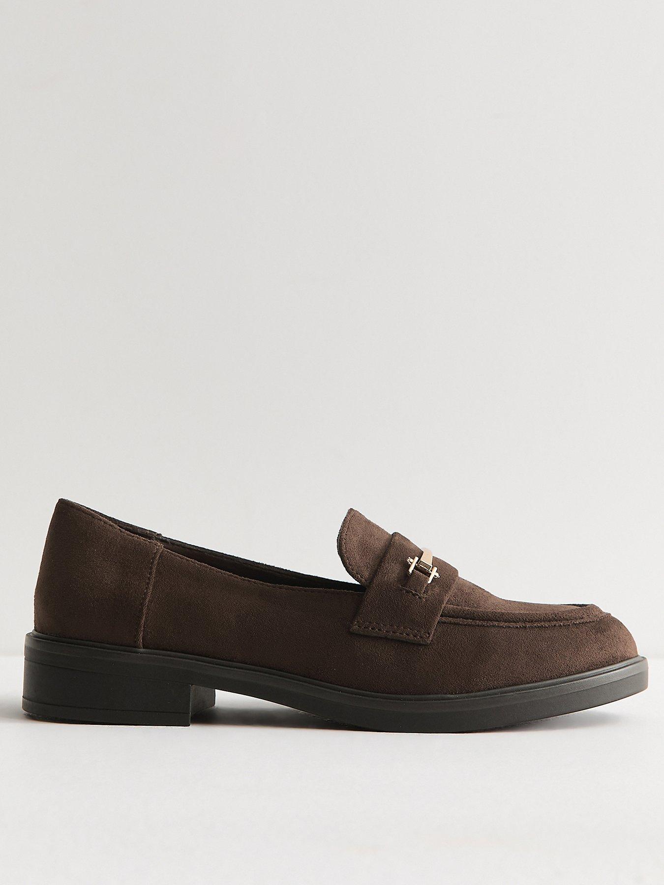 Image 2 of 5 of New Look Wide Fit Faux Suede Metallic Strap Loafers - Brown