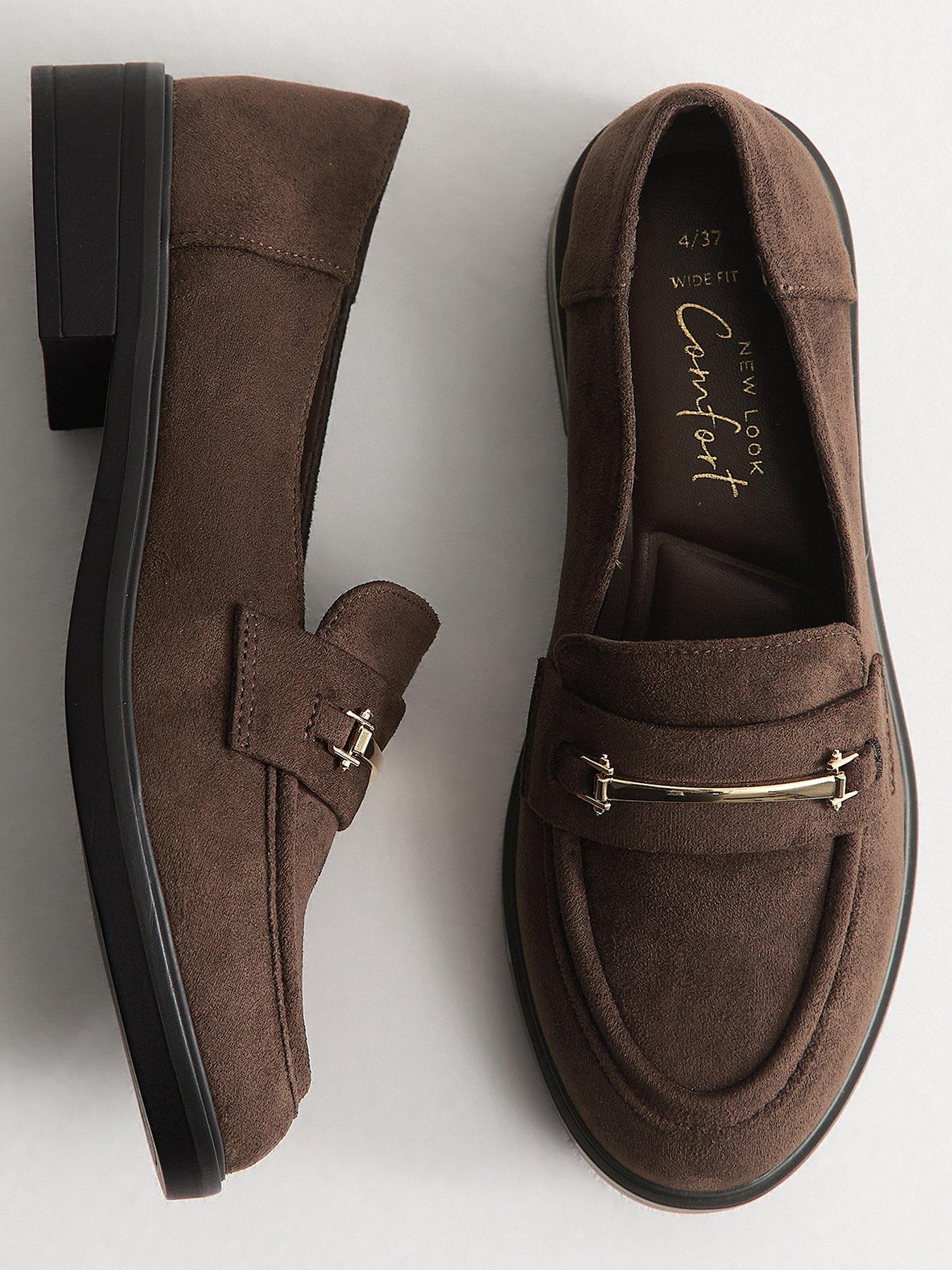 Image 4 of 5 of New Look Wide Fit Faux Suede Metallic Strap Loafers - Brown