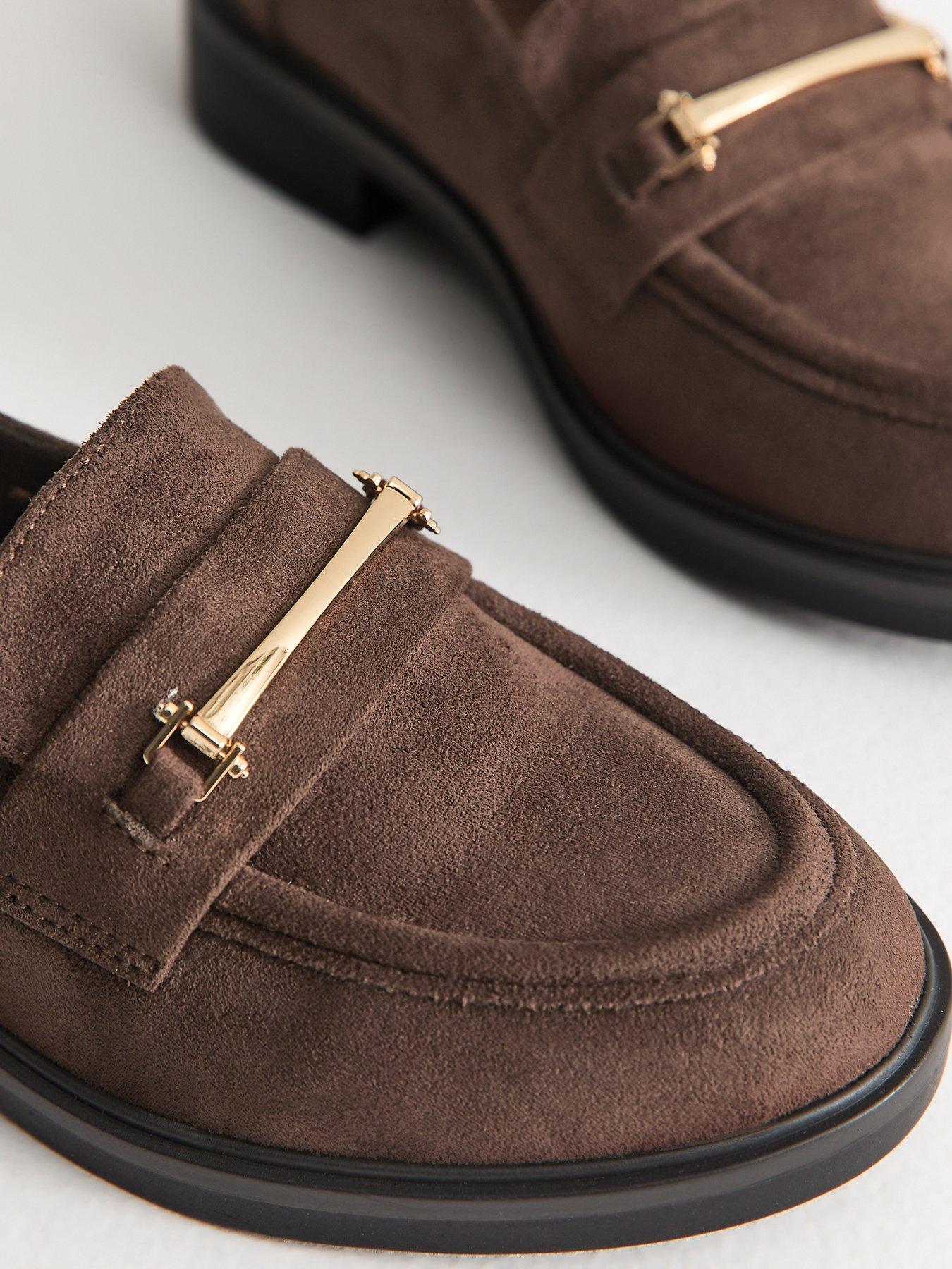 Image 5 of 5 of New Look Wide Fit Faux Suede Metallic Strap Loafers - Brown