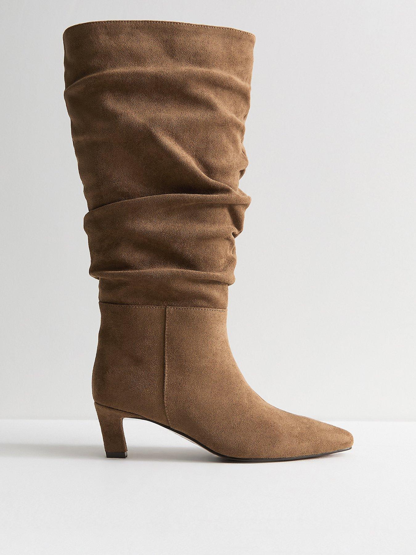 New Look Camel Faux Suede Ruched Knee High Boots