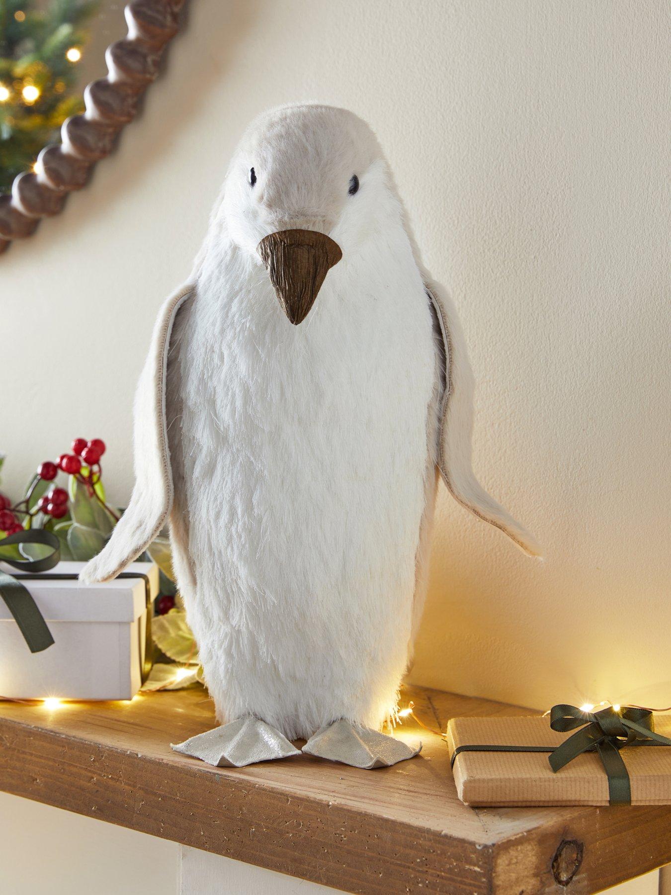 Festive White Bristle Penguin Christmas Decoration - 35 cm