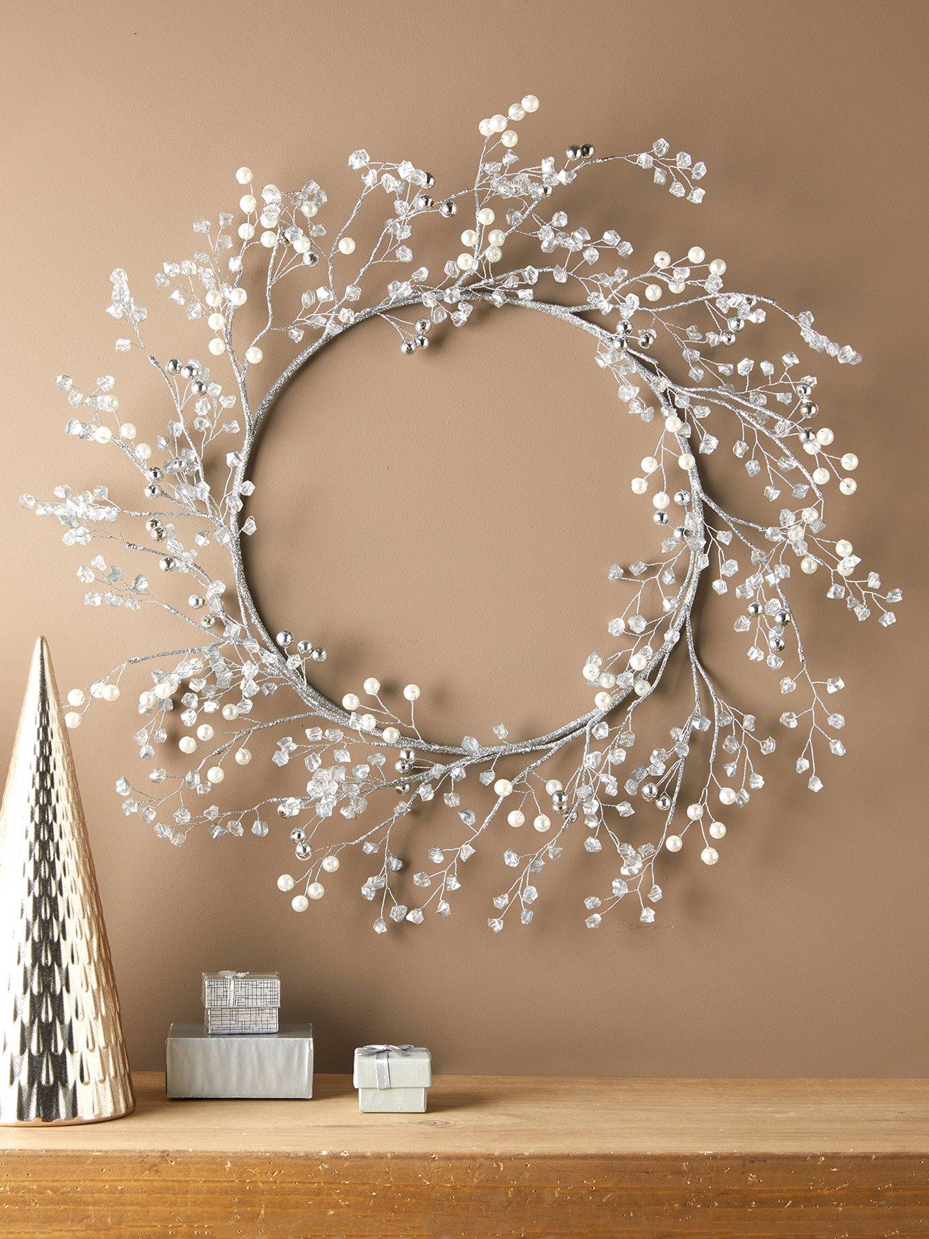 Image 1 of 3 of Festive Silver/Clear Pearl Beads Christmas&nbsp;Wreath - 56&nbsp;cm