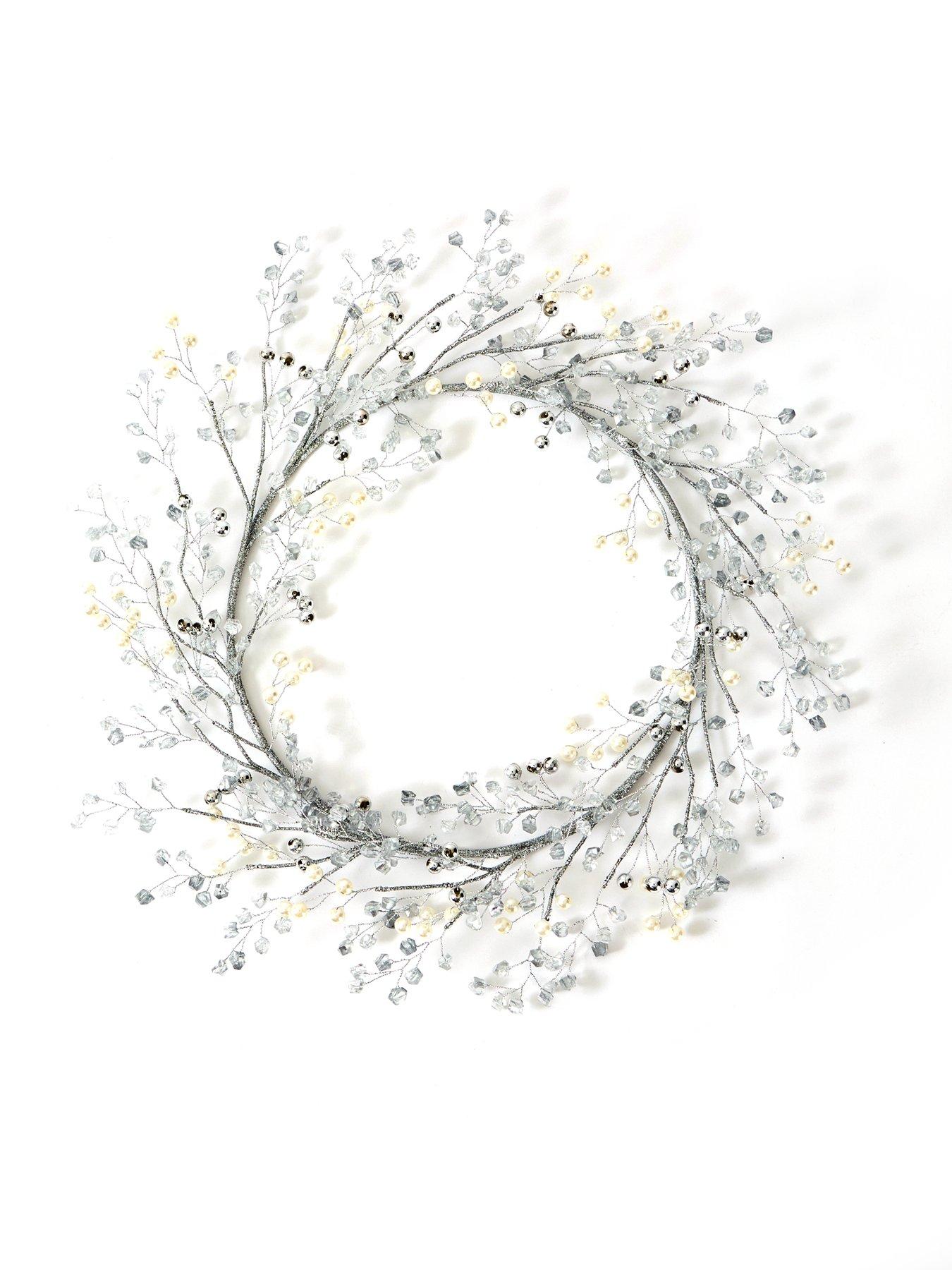 Image 2 of 3 of Festive Silver/Clear Pearl Beads Christmas&nbsp;Wreath - 56&nbsp;cm