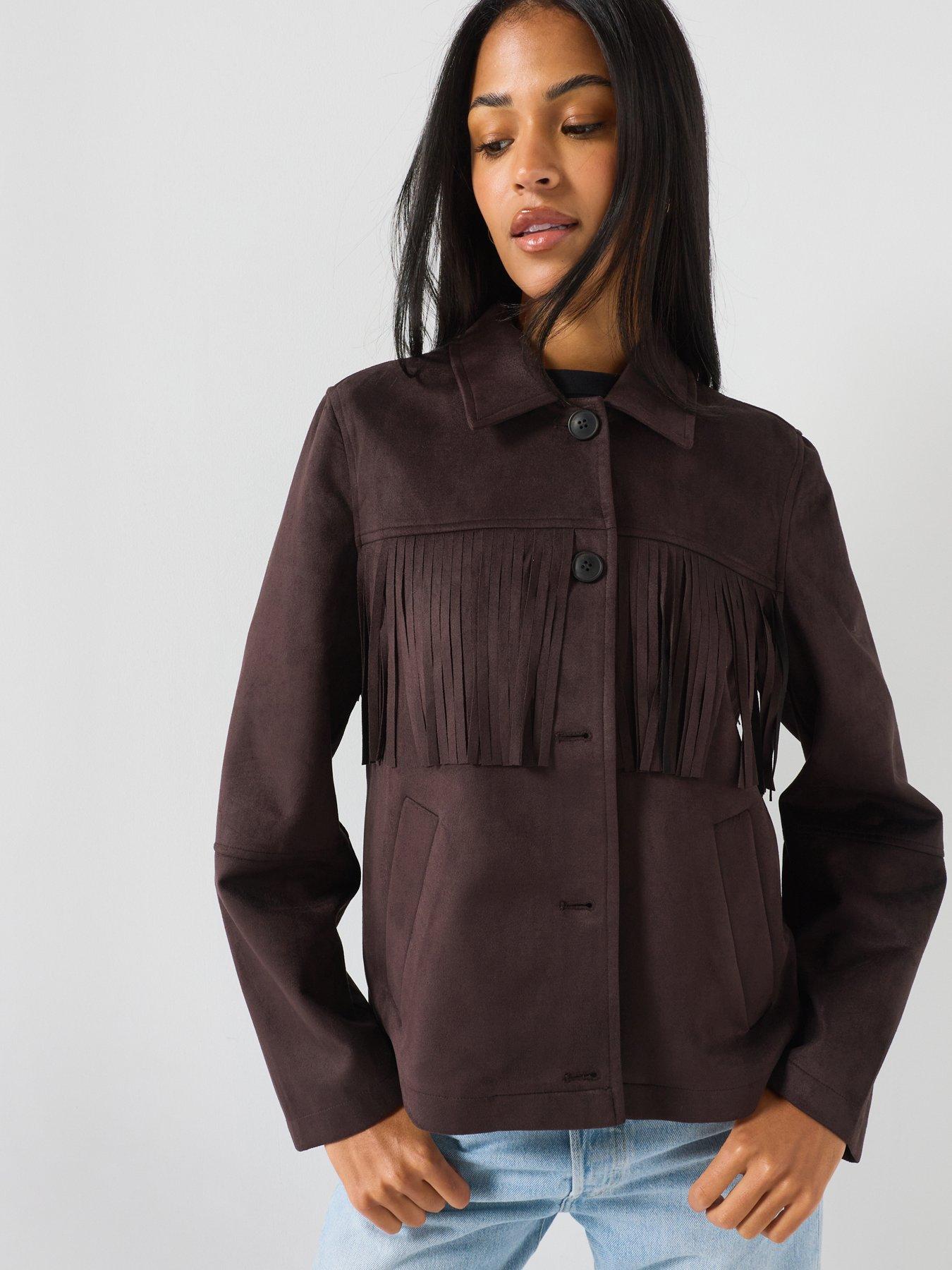 Image 1 of 5 of Vero Moda Vmjosefringy Women's Fringed Button-Front Jacket - Chocolate Torte